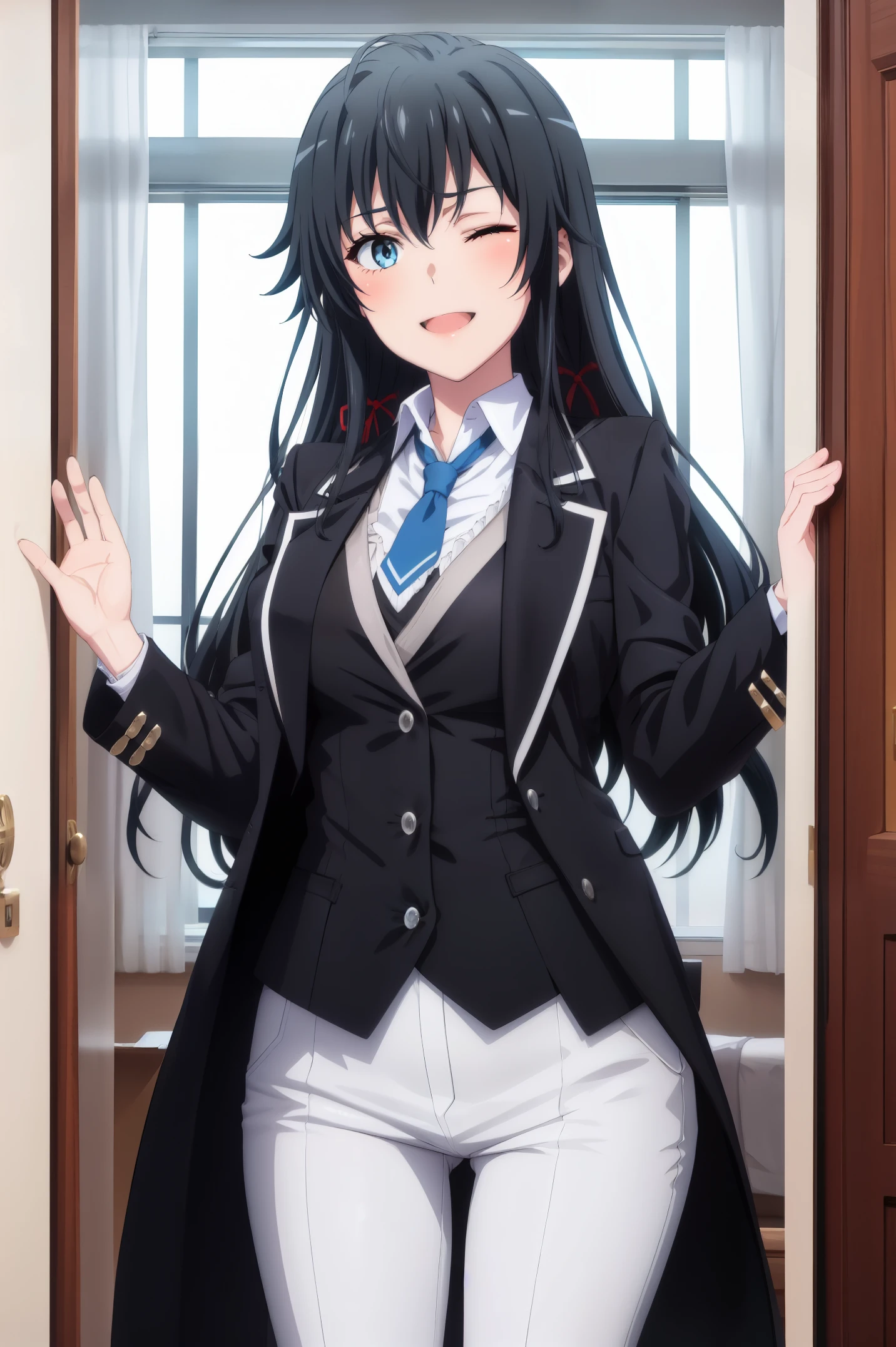 ((best quality)), ((masterpiece)), (detailed) 1girl 1girl, ;\), blurry, blurry_background, breasts, , hair_long, looking_at_viewer, ok_sign, one_eye_closed, open_hand, Yukinoshita Yukino ,Woman wearing formal clothes, An attractive coat stands in a large gap in the room , 1girl, 独奏, blue necktie, Black hair, eyes blue, long hair, smile , collared shirt, white pants, white shirt , Elegantly designed coat , Stand in front of a window ,Perfectly tailored tailcoat. It has a stunning Victorian design and is made of lustrous fabric