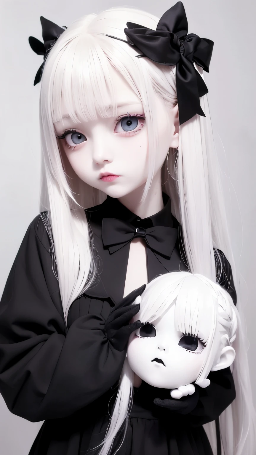 Lori、Bangs that extend to the face、、12 years old、ba face、Cute No、(thin nose)、(bulging eyes)、Blonde doll with long hair and black bow tie, ball jointed doll, pale porcelain white skin, Embarrassingly cute face. dark fantasy, artdoll, pale goth beauty, china doll face, White skin and black eyes, gothic girl face, dollpunk, porcelain pale skin, (( deep black eyes ))