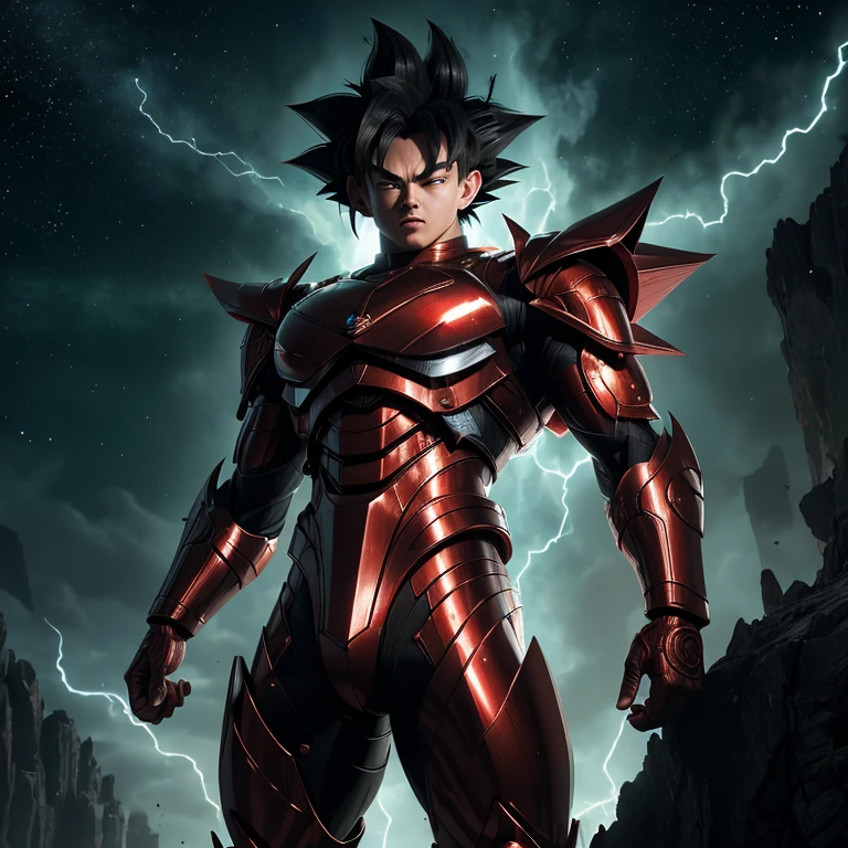 ((Mega detailed CG, 8k resolution))

Goku, standing tall with his powerful muscles bulging, is shown in the height of his Mastered Ultra Instinct transformation. His Saiyan hair, usually slicked back in a tidy bun, is now wild and disheveled as it stands on end, radiating intense energy. His piercing green eyes are glowing with an otherworldly light, and his sharp, angular features are etched with deep furrows, reflecting the immense power coursing through his body.

His armor, once a conventional battle suit, has transformed into an intricately designed exoskeleton, covered in red and metallic accents