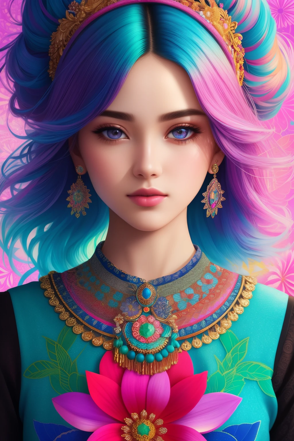 A mesmerizing close-up portrait of a stunningly beautiful girl, with her vibrant vaporwave-style attire adorned with an array of colorful patterns and designs. The image showcases a single frame, meticulously crafted in the distinct style of Unreal Engine 5 (UE5), with its unparalleled visual fidelity and hyperrealistic rendering capabilities. The composition captures every intricate detail, from the girl's flawless features to the intricate textures of her clothing, all enhanced by the surreal and dreamlike atmosphere. With its vibrant colors and striking close-up perspective, this artwork is a true testament to the limitless possibilities of the UE5 engine.