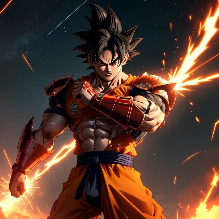 ((Mega detailed CG, 8k resolution))

Goku, standing tall with his powerful muscles bulging, is shown in the height of his Mastered Ultra Instinct transformation. His Saiyan hair, usually slicked back in a tidy bun, is now wild and disheveled as it stands on end, radiating intense energy. His piercing green eyes are glowing with an otherworldly light, and his sharp, angular features are etched with deep furrows, reflecting the immense power coursing through his body.

His armor, once a conventional battle suit, has transformed into an intricately designed exoskeleton, covered in red and metallic accents