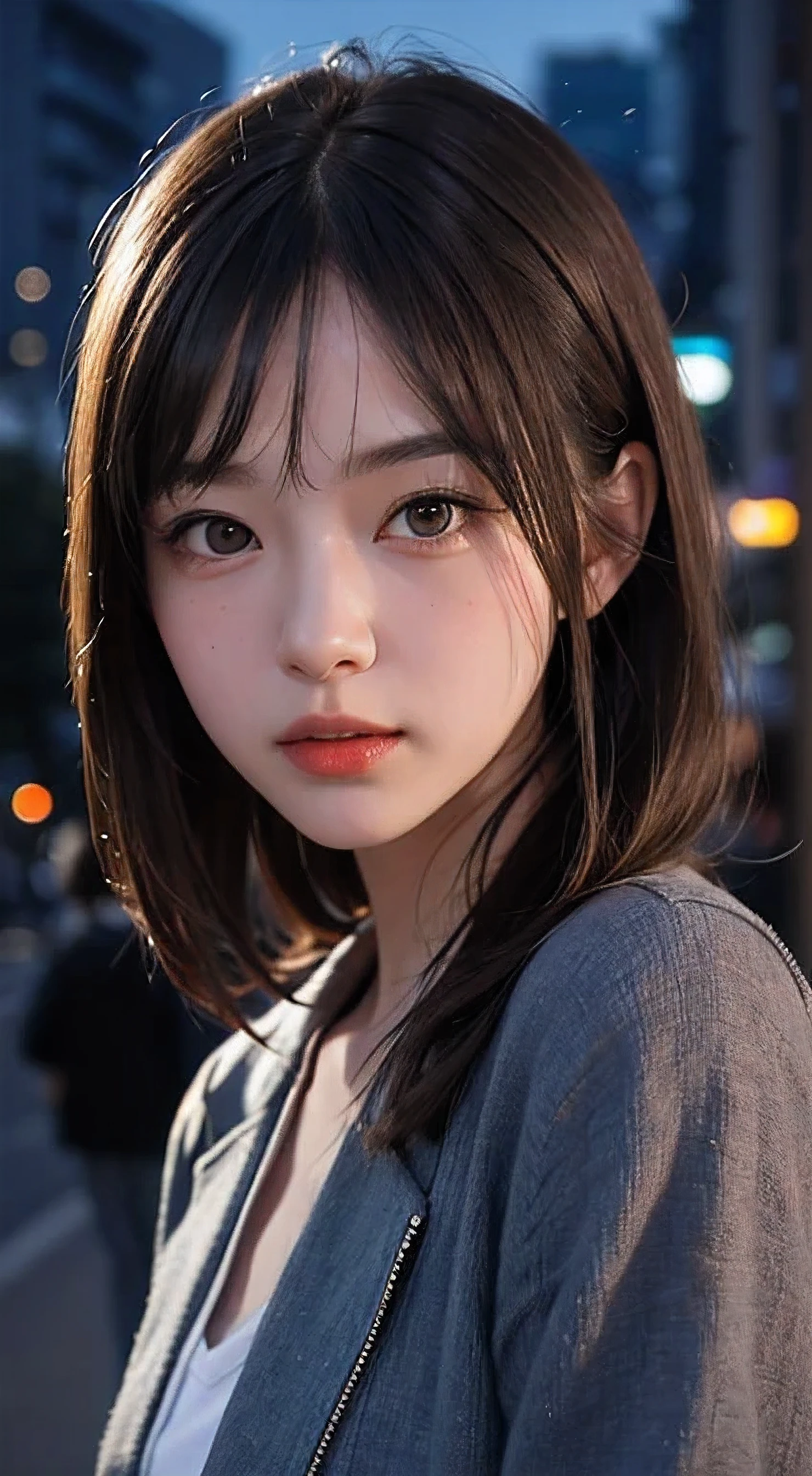 1girl, Tokyo street,night, cityscape,city lights, upper body,close-up, 8k, RAW photo, best quality, masterpiece,realistic, photo-realistic,