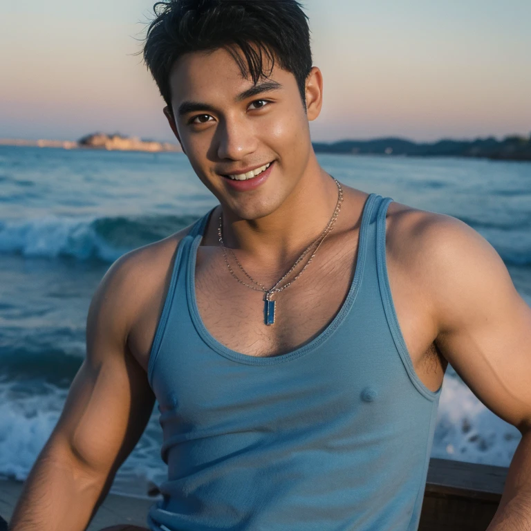 realistic, (masterpiece, top quality, best quality, official art), very detailed, colorful, most detailed, god, short hair, black hair, handsome man, sea, necklace, beach, pectoral, abs, brown skin, blue eyes, handsome smile, muscular, ((wide shoulders narrow waist)), tank top,16k resolution , ultra-high clarity , hyperrealism , ultra hd picture , uhd , nsfw