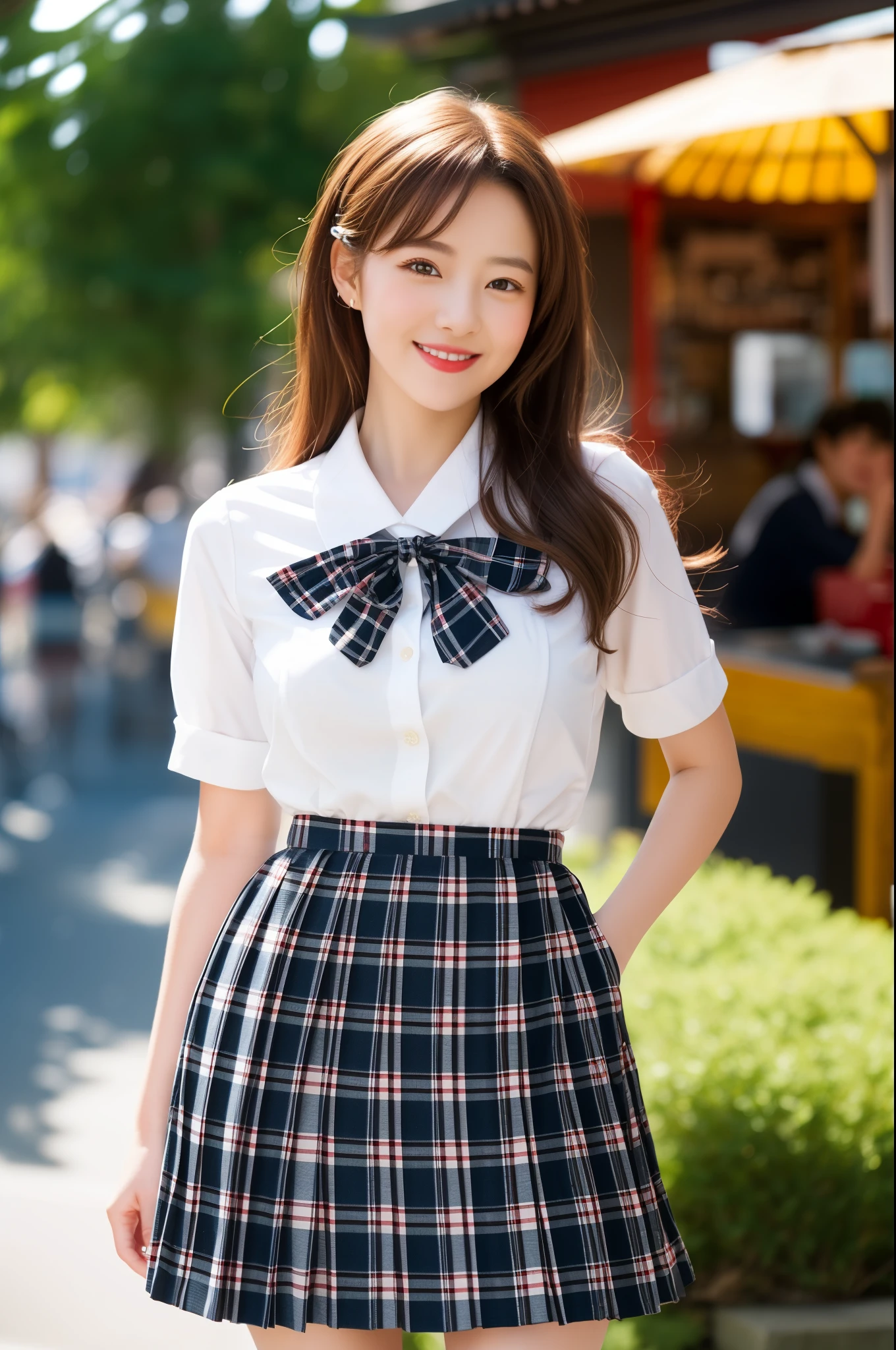 (8K, Best Quality, Masterpiece: 1.2), (Realistic, Photorealistic: 1.37), Super Detailed,(top-quality), (ultra-detailliert),High Resolution,
BREAK
1 girl, 16 yo, (Cute Japan Beautiful Girl:1.3), Solo, (Nose Redness), (Seductive Smile: 1.15), Beautiful Eyes, (Long Hair: 1.2), Floating Hair Novafrog style, full body, (Beautiful detailed eyes), (large breasts:1.3), (cleavage:0.9), (Japan high school uniform:1.4), (Pleated mini-skirt with checkered pattern:1.4), (like a model style of body), (long leg),(Dynamic Pose: 1.2),moles under the eyes, no make-up,
BREAK
day time,in the fastfood shop, (Professional Lighting, Bokeh), (Light Particle, Lens Flare, Luminous Particle: 0.6),