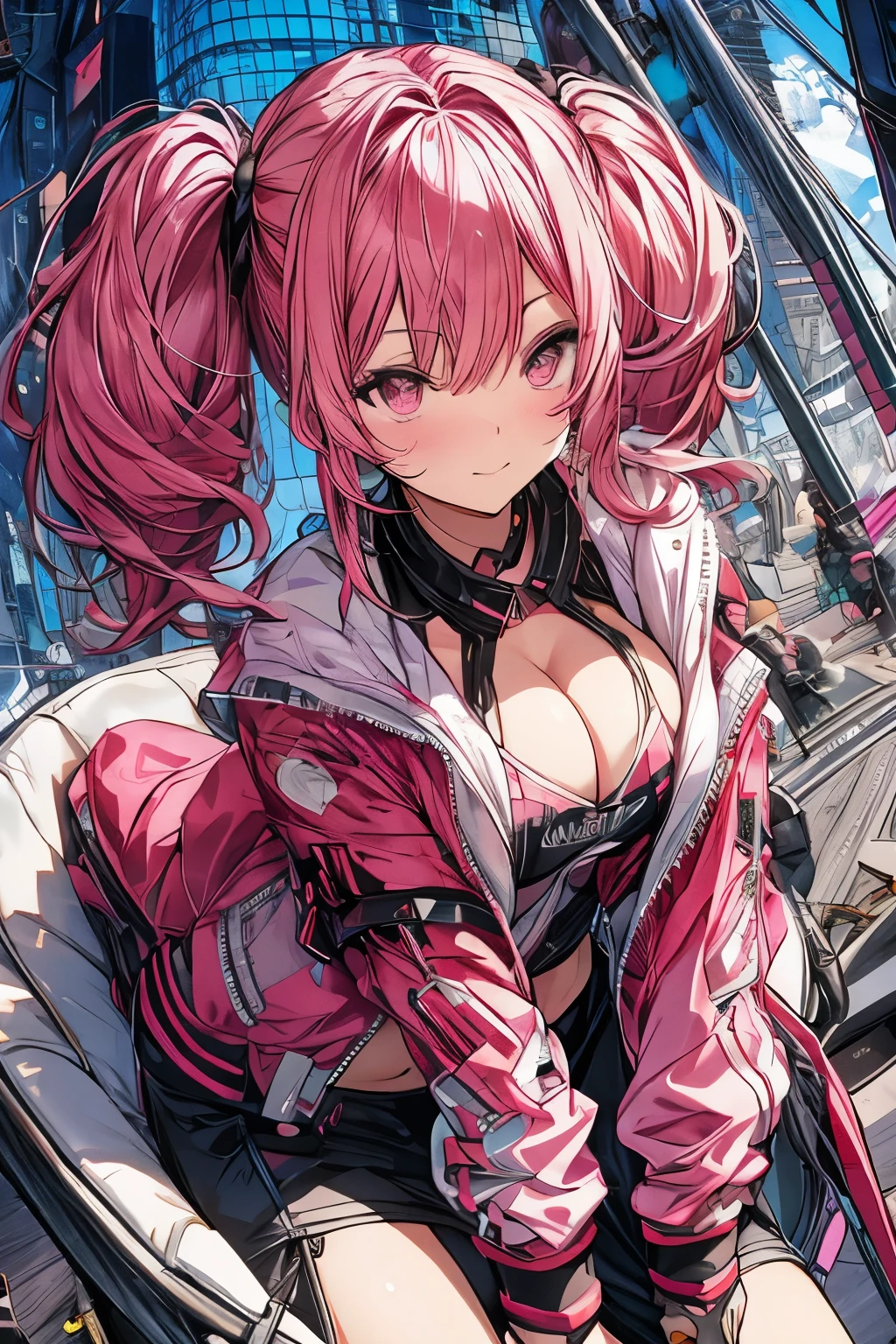 Woman, big breasts, pink hair, twin tails, scarlet eyes, pink jacket, small chin, showing cleavage, sexy pose, cross leg, peace sign