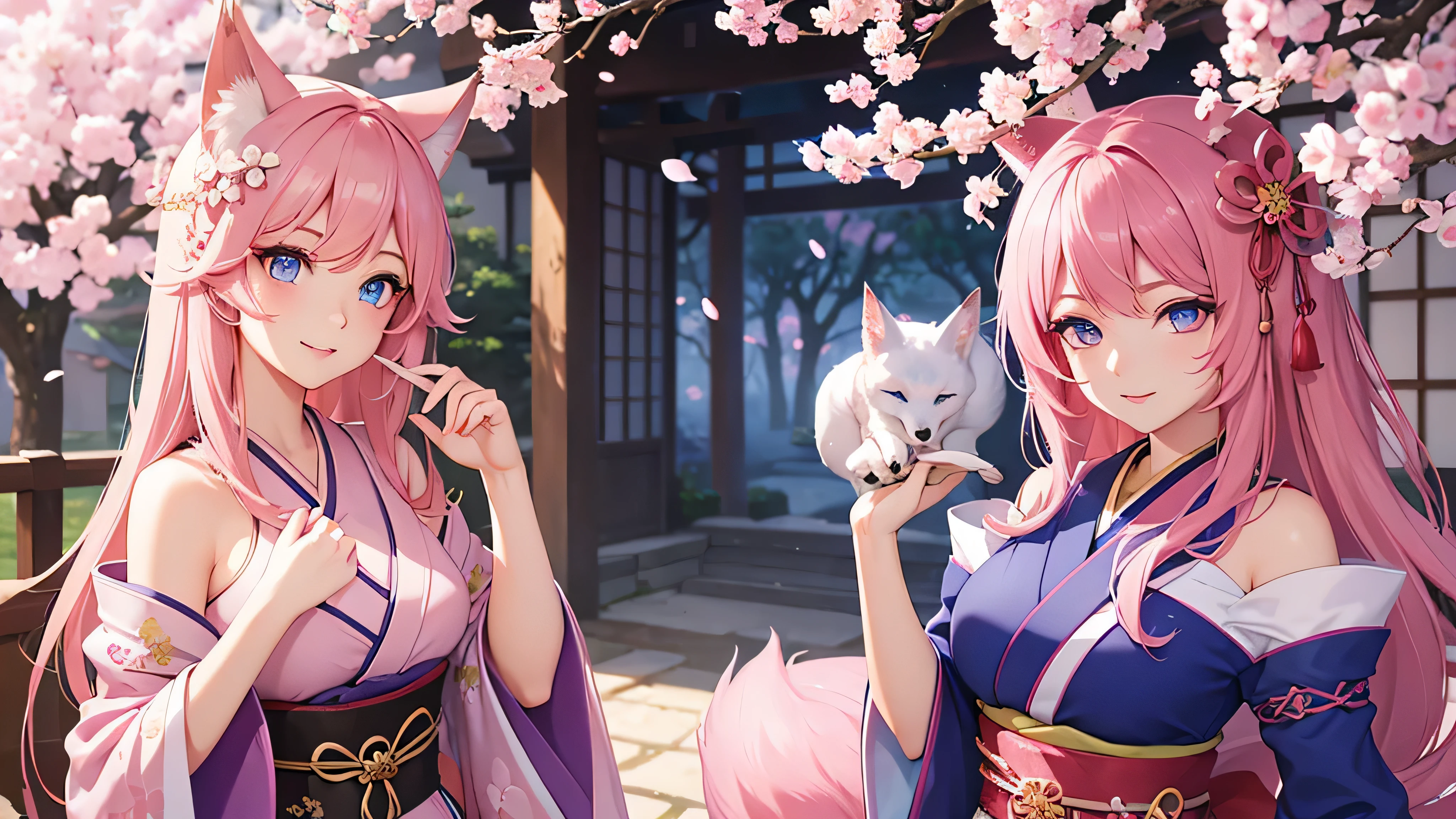 a young pink haired wolf woman with violet eyes and pink wolf ears and a pink wolf tail in a pretty kimono is dancing in a flurry of cherry blossoms with a smile
