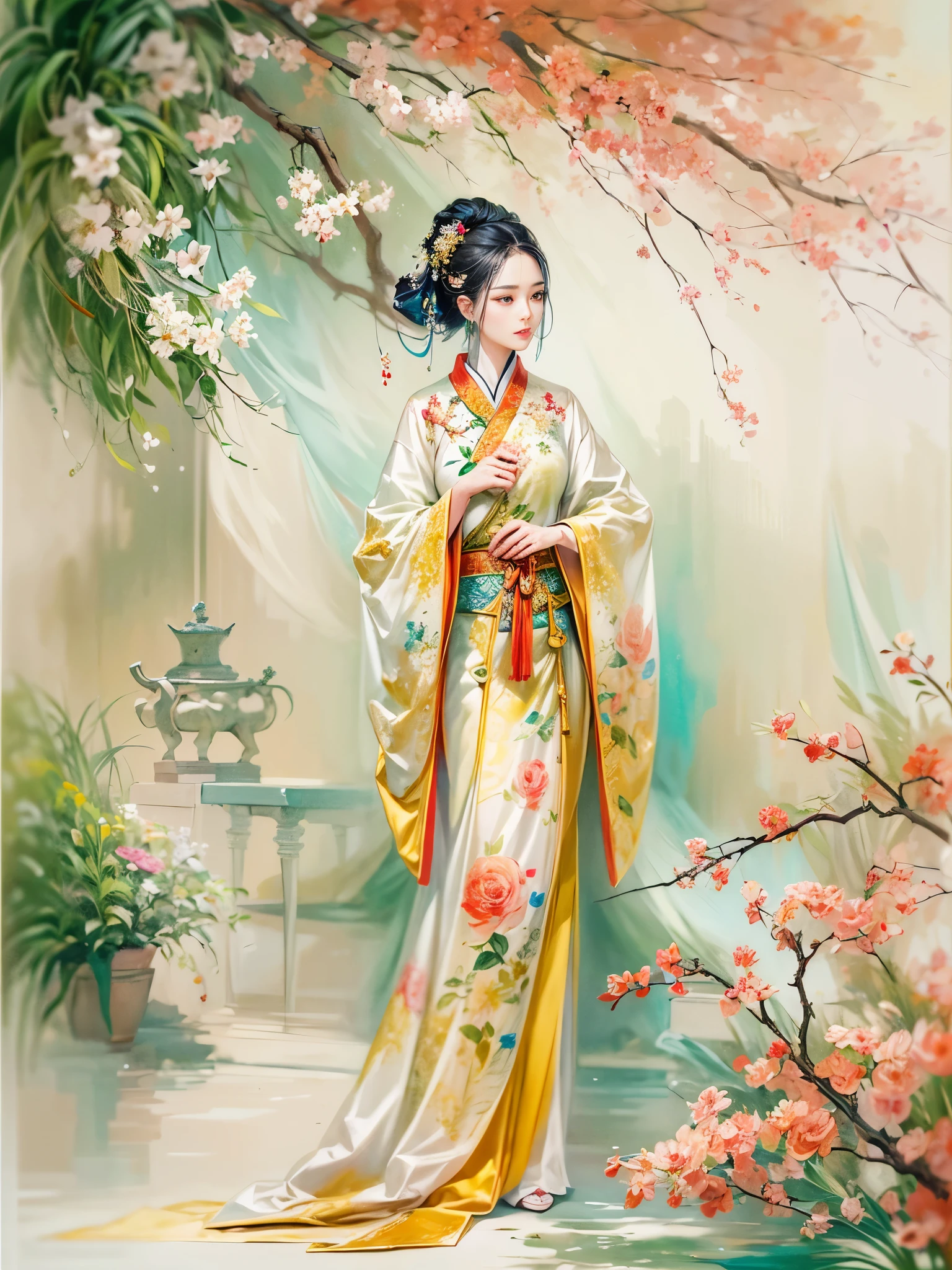 An imaginative and vivid depiction of the female figure，Think of it as your dream lover and life-long partner，Integrating the softness of traditional Chinese women with the role of modern Chinese housewives。This artistic expression highlights her nurturing and caring nature，It also shows her elegance and elegance。She is depicted with delicate features and warmth、seductiveexpression。Her outfit is a stylish fusion of tradition and modernity，reflects the duality of her character。she is depicted in a comfortable、in a modern environment，embodies a loving、The Essence of a Dedicated Companion and Homemaker。The background contains comfortable living space elements，Symbolizes stability and warmth。The overall style combines realism with fantasy，Capturing a dreamy contemporary aesthetic。 (floral watercolor painting:1.3)，(Super high saturation, bright and vivid colors:1.3)