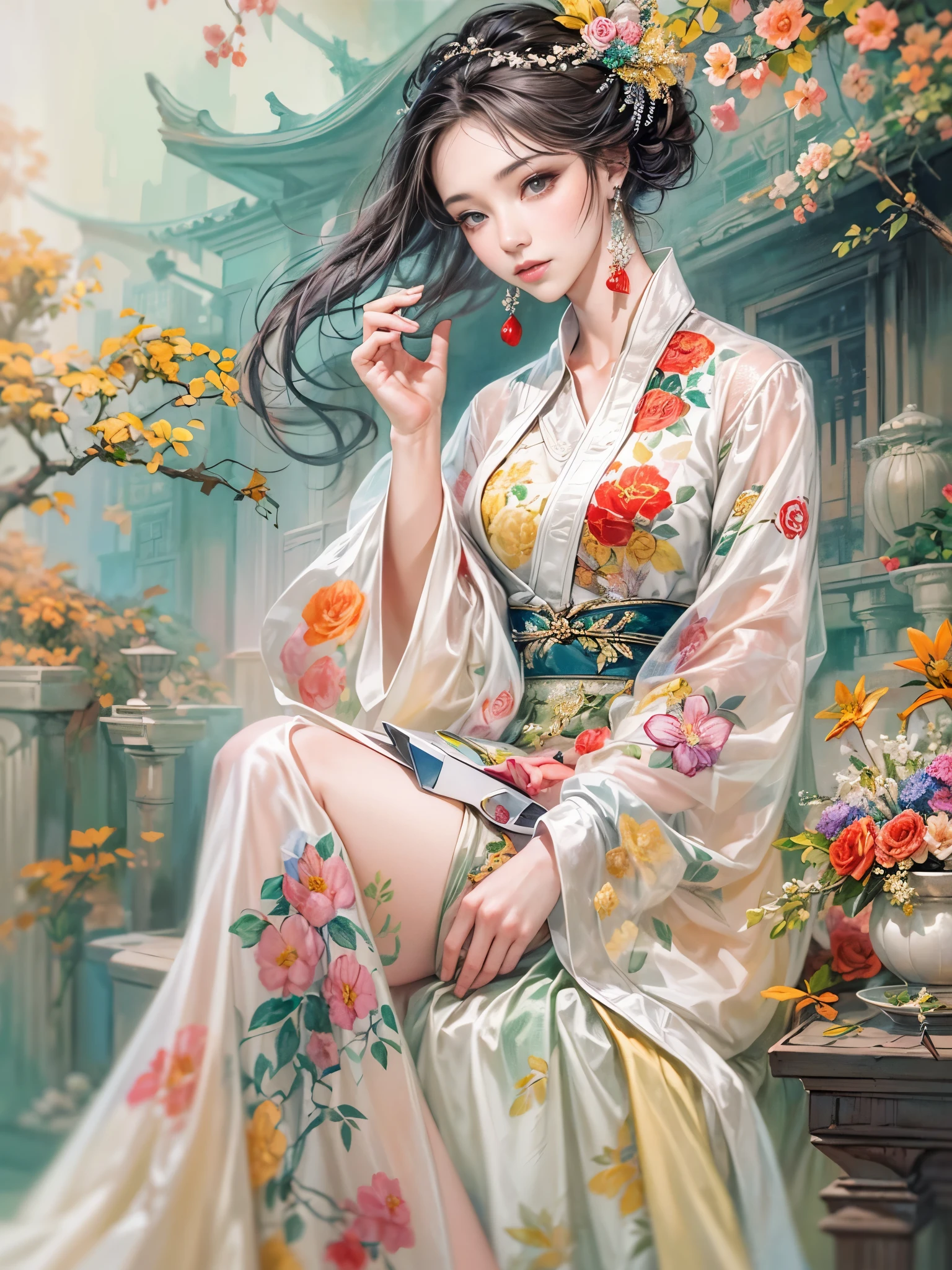 An imaginative and vivid depiction of the female figure，Think of it as your dream lover and life-long partner，Integrating the softness of traditional Chinese women with the role of modern Chinese housewives。This artistic expression highlights her nurturing and caring nature，It also shows her elegance and elegance。She is depicted with delicate features and warmth、seductiveexpression。Her outfit is a stylish fusion of tradition and modernity，reflects the duality of her character。she is depicted in a comfortable、in a modern environment，embodies a loving、The Essence of a Dedicated Companion and Homemaker。The background contains comfortable living space elements，Symbolizes stability and warmth。The overall style combines realism with fantasy，Capturing a dreamy contemporary aesthetic。 (floral watercolor painting:1.3)，(Super high saturation, bright and vivid colors:1.3)