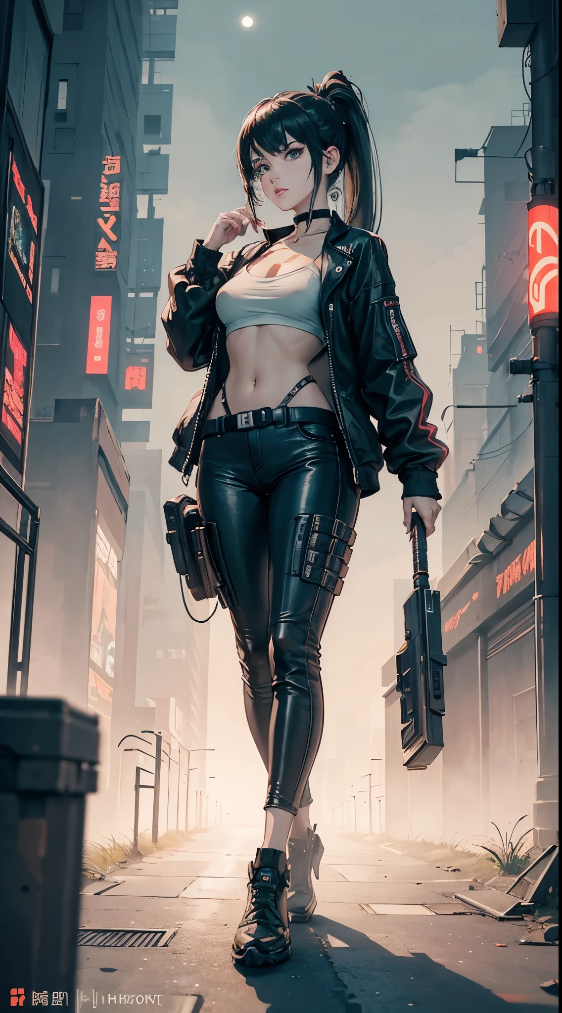 Close-up, a beautiful French woman, tattered clothes, wild long hair, tattered clothes , cleaveage, action movie scene, Dystopian Dinner Cinematic Blade Runner, natta, busy with neon signs, blade runner aesthetics, film cinematography, gangue trash, attractive person, High emphasis on detail, wearing weather technology equipment, gangue trash, full of life, gangue trash, action movie shot by Kon Satoshi, style semi impasto, dark ink, Atmospheric, Ablaze, lighting dramatic, Beautiful eyes, symmetric eyes, perfects eyes. Matrix style, (((Matrix cascading code))), (((a futuristic twin tower skyscraper with a unique twisted design))), (((OLED GUI interfaces in the building))), at night, (((((((1girl, alone, solo))))))), photo realistic, (((((((large-breast:1.2 slim body, cleavage:1.4))))))), (((((off broken mini sling-shirt and black sling bra, extreamly short pleated miniskirt exposing panty))))), (((((running pose))))), (((((((matrix style black micro sunglasses))))))), ((((((((((aiming with a short gun)))))))))), (((((looking at camera))))), (((very low view))), (((((half-body thigh level medium shot))))), (((cinematic lighting))).