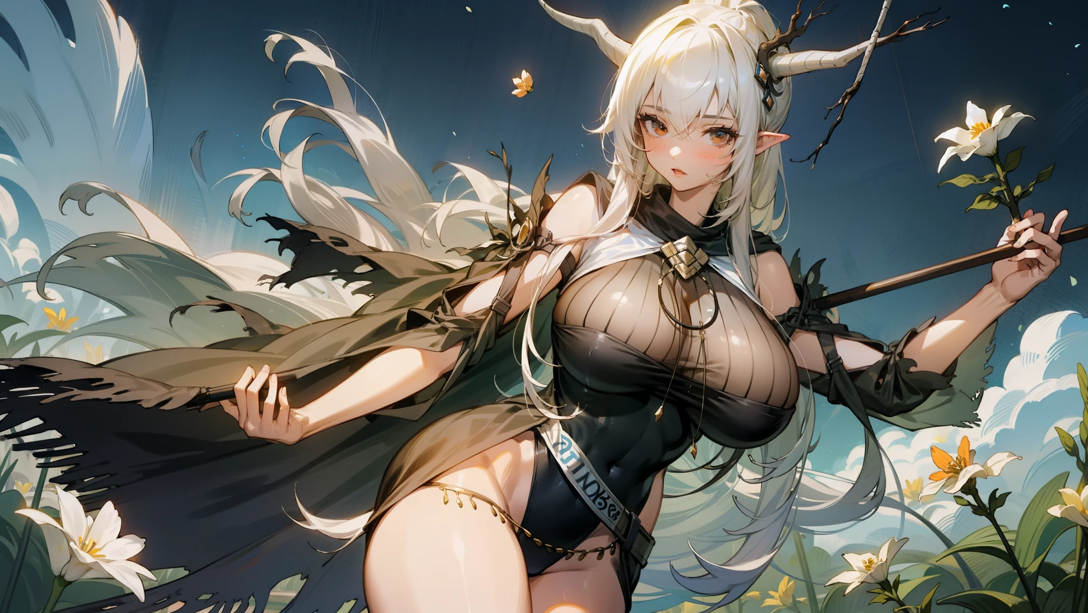 1girl,cowboy shot,,huge tits, transparent cloth on the chest, flowers,