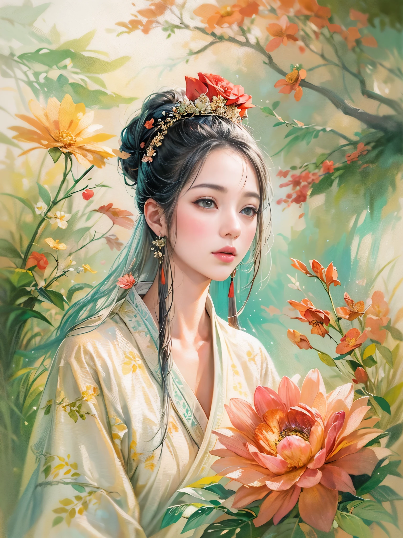 An imaginative and vivid depiction of the female figure,Think of it as your dream lover and life-long partner,Integrating the softness of traditional Chinese women with the role of modern Chinese housewives。This artistic expression highlights her nurturing and caring nature,It also shows her elegance and elegance。She is depicted with delicate features and warmth、seductiveexpression。Her outfit is a stylish fusion of tradition and modernity,reflects the duality of her character。she is depicted in a comfortable、in a modern environment,embodies a loving、The Essence of a Dedicated Companion and Homemaker。The background contains comfortable living space elements,Symbolizes stability and warmth。The overall style combines realism with fantasy,Capturing a dreamy contemporary aesthetic。 (floral watercolor painting:1.6),(Super high saturation, bright and vivid colors:1.3), (nsfw:1.5)