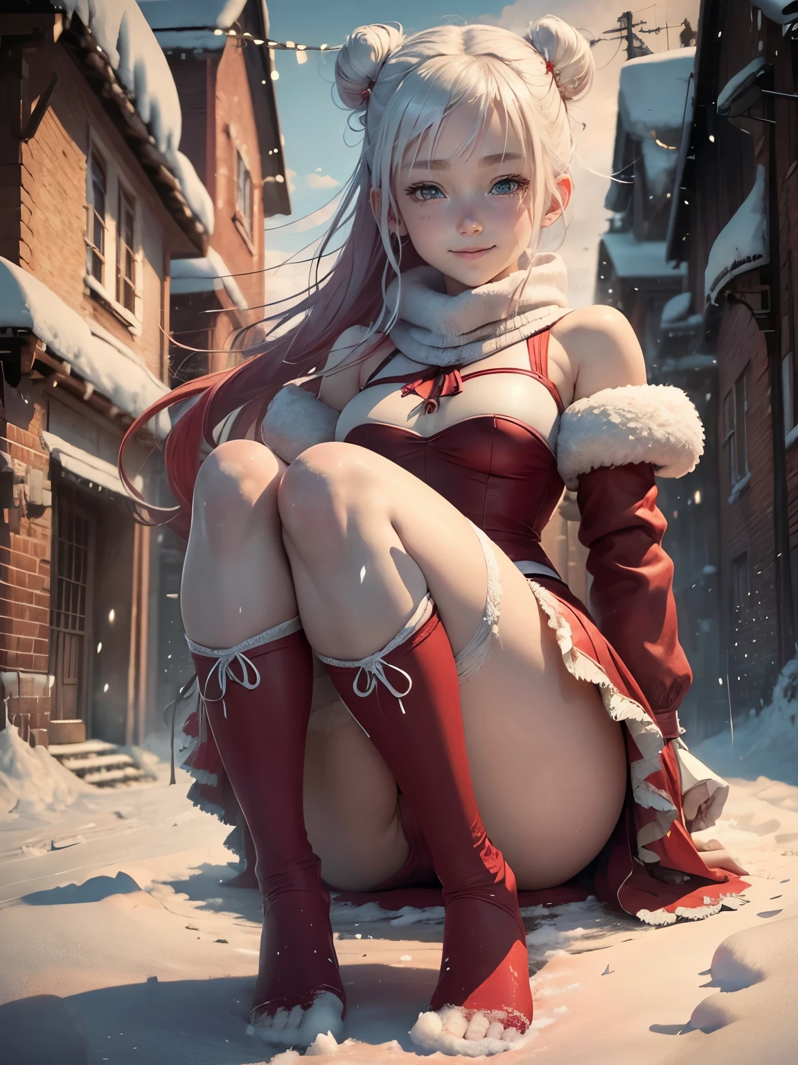 1 girl, young girl, short girl, very young, barefeet, white hairs, realistic anime girl, smiling, patches, snow covered streets, snow fall, barefeet, red leotard, red stockings, red skirt, double hair buns, , frilled skirt,close up