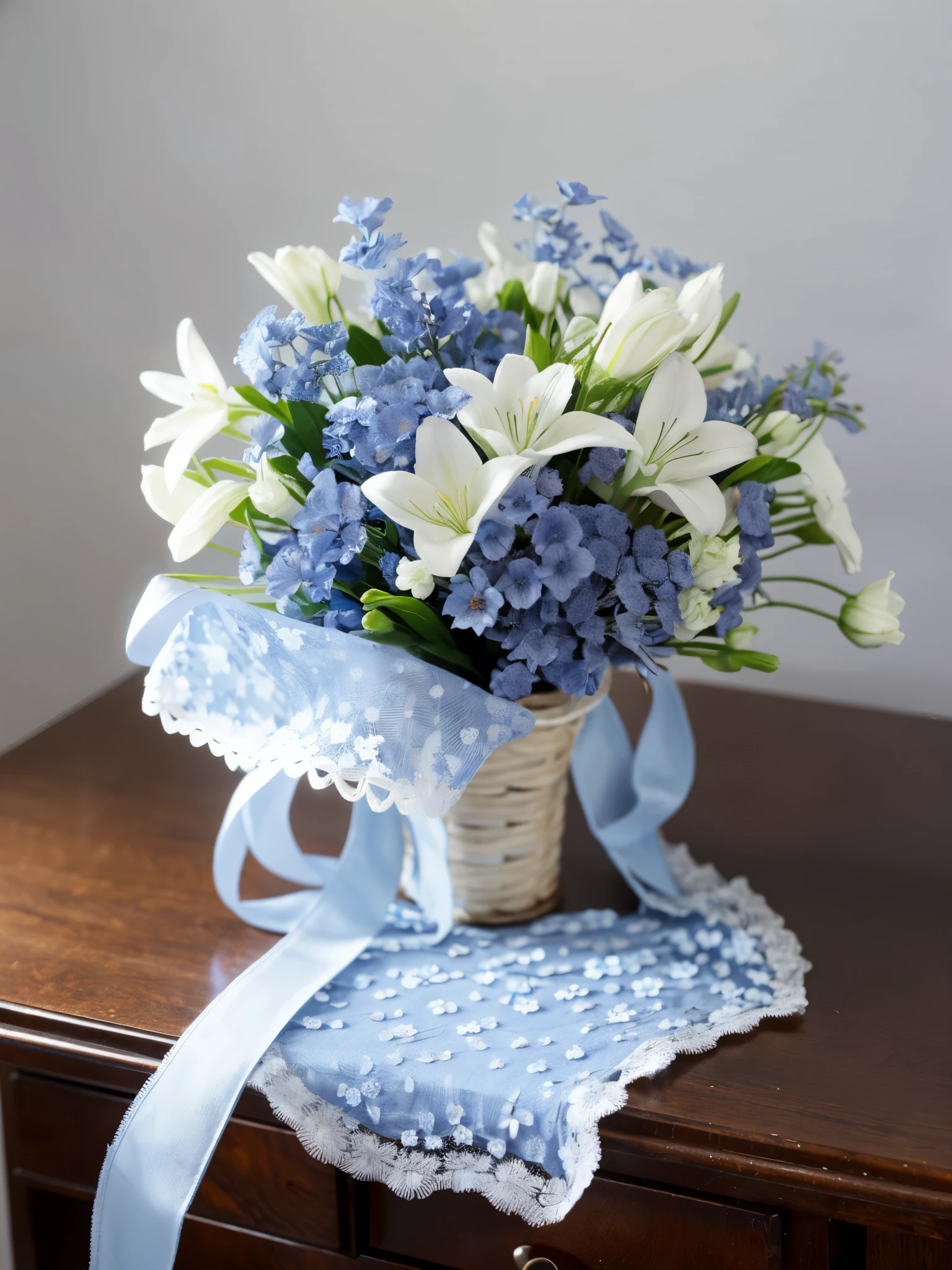 A bouquet of light blue and white flowers placed on a wooden desk、Lace Cloth、ultramarine and silver ribbon