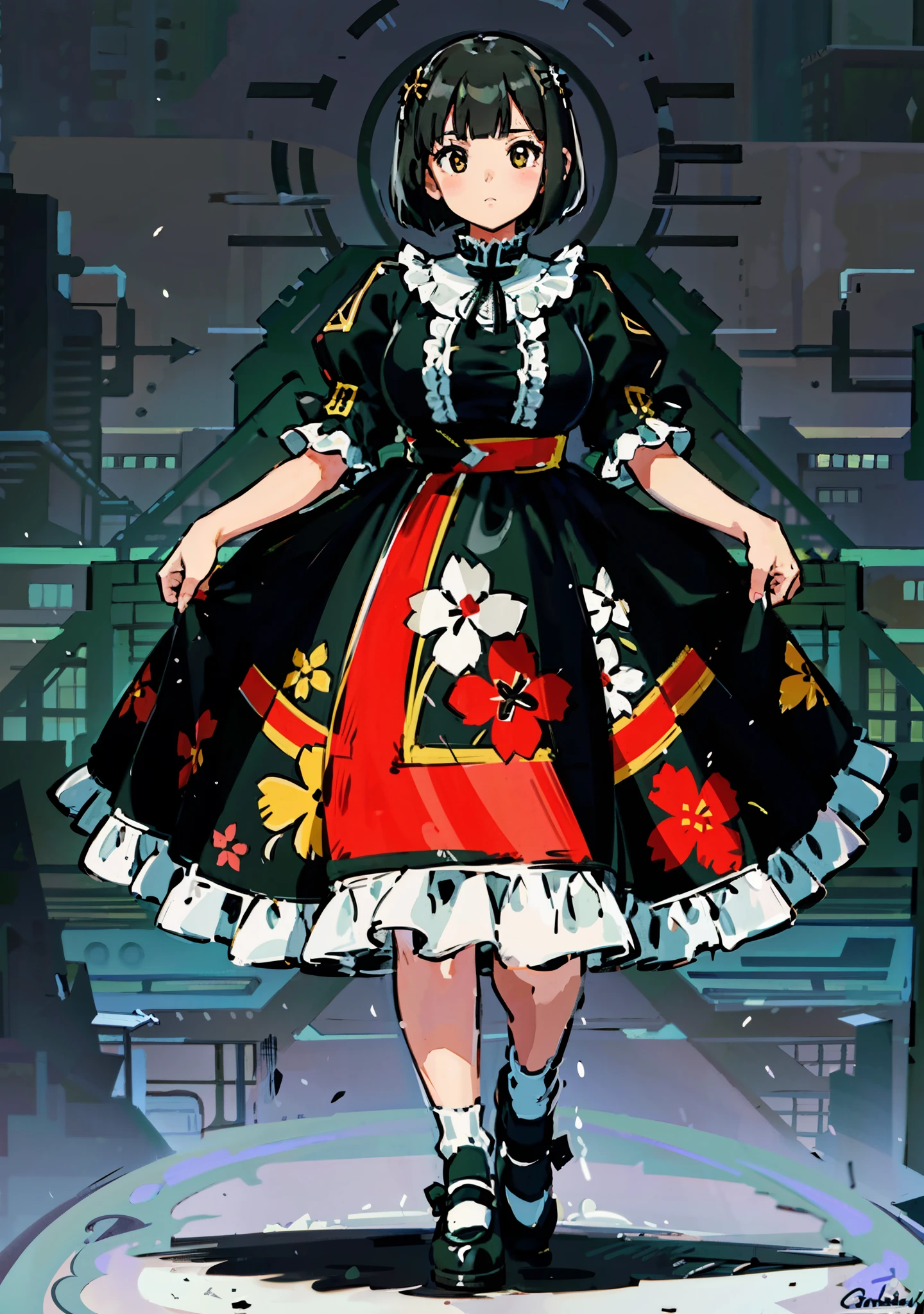 1 girl, ((masterpiece, side light, beautiful eyes: 1.2), Super detailed, ultra high resolution, professional lighting, high quality make up, beautiful detailed eyes), (highest quality:0.8), perfect anime illustrinion,  beautiful, flin color background, simple background, whole body ,  looking for_in_viewer, 一人in, (whole body:1.5), (black hair:1.2), dark brown eyes, (big breasts:1.2), 一人in,Wasachiri, Huasachina,  sash, puffy dress, dress, Puffy short sleeves, pantyhose, black shoes, Floral, print dress, put your hands on your hips, handkerchief,tof, (asymmetric bob cut:1.1),(low length:1.1),(Chubby:1.2),(おinこ:1.2),(boobs for days:1.2),(huge boobs:1.2),(short legs)