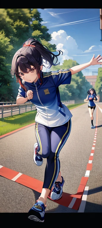 有一个女人拿着飞盘在红色的表面上run, 女孩正在run, Wearing a track suit, girl running, Inspired by Tang Yifen, xintong chen, running posture, run, wenfei ye, mingchen shen, su fu, xue han, inspired by Zou Yigui, inspired by Zhang Zongcang, wei wang