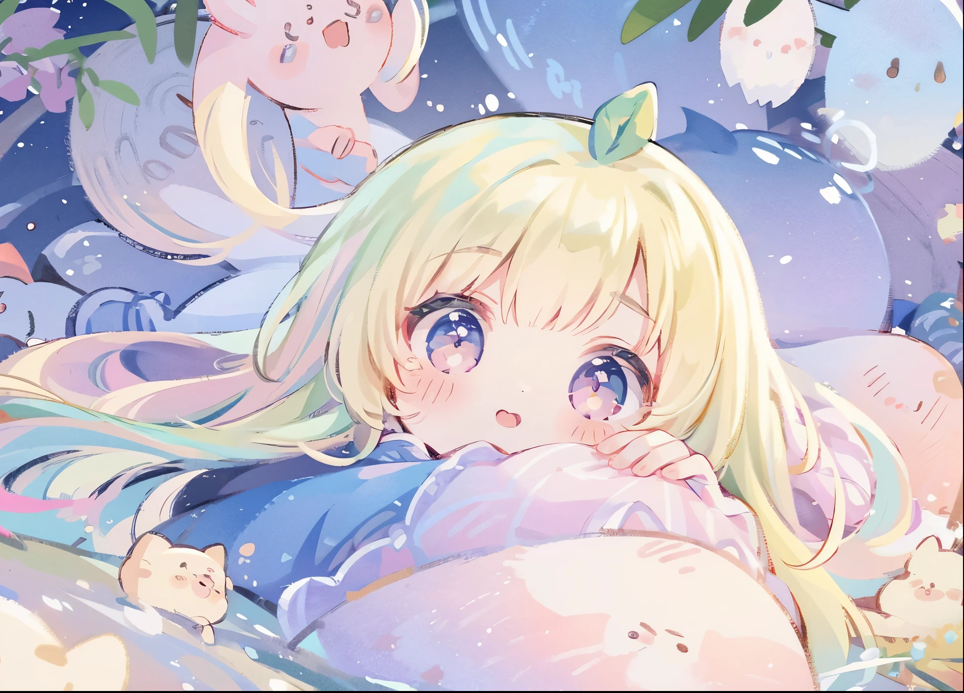 masterpiece, One girl, best quality, 8k resolution, sharp focus, intricate detail, beautiful girl, sparkling eyes, golden ratio face, otherworldly liquid, watercolor, pastel colors, bright colors, whimsical, colorful, sharp focus, high resolution, fine detail, ((layered tiered puffy long sleeves ballgown)), ((round eyes)), iridescent bubbles, fantasia background, 隠されている手