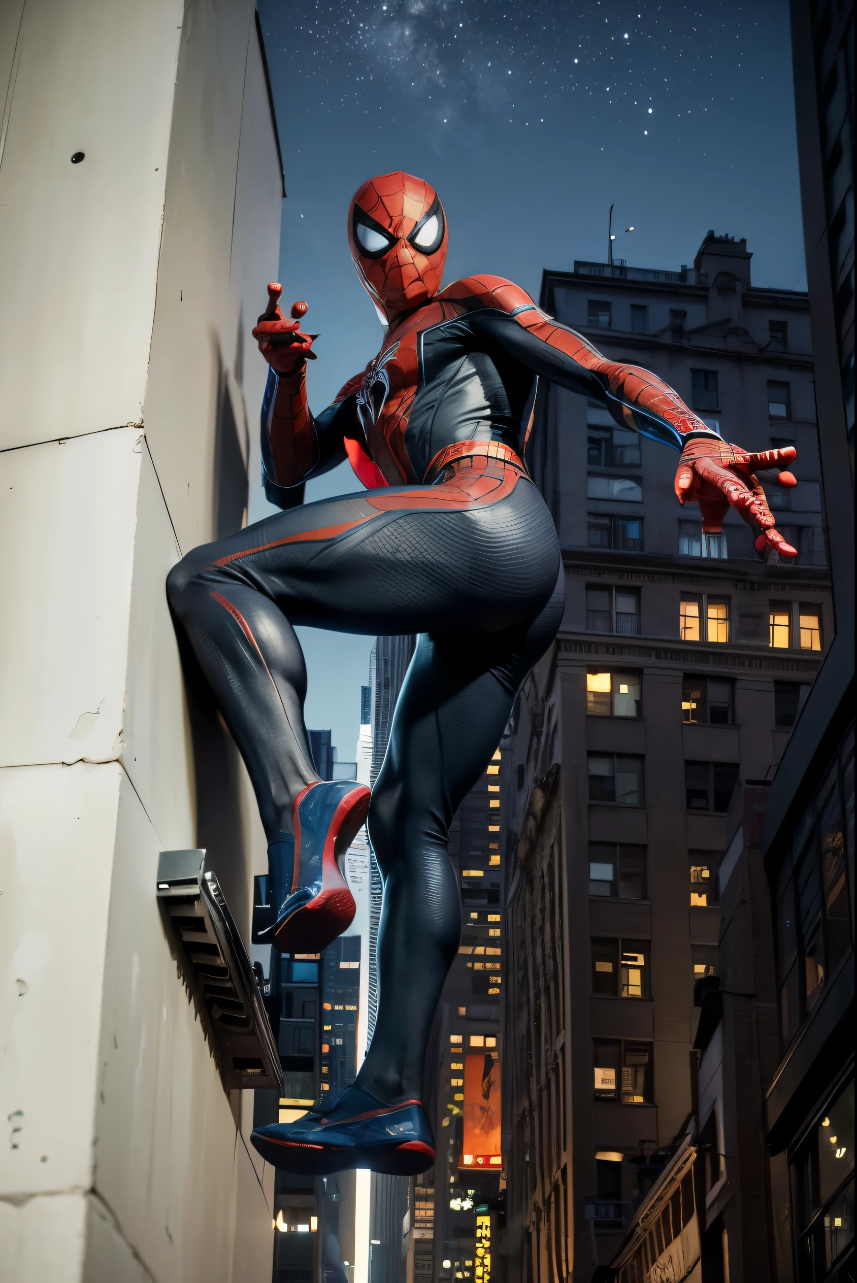 (Best quality, 8k, 32k, Masterpiece, UHD:1.2) "Transform the image to portray Spider-Man in action, climbing a tall building against the backdrop of nighttime New York City. Emphasize the dynamic pose of Spider-Man as he scales the building's facade. Illuminate the cityscape with a mix of city lights, including neon signs and glowing windows, creating a dramatic contrast against the night sky. Capture the essence of Spider-Man's agility and the iconic urban environment of New York City after dark."