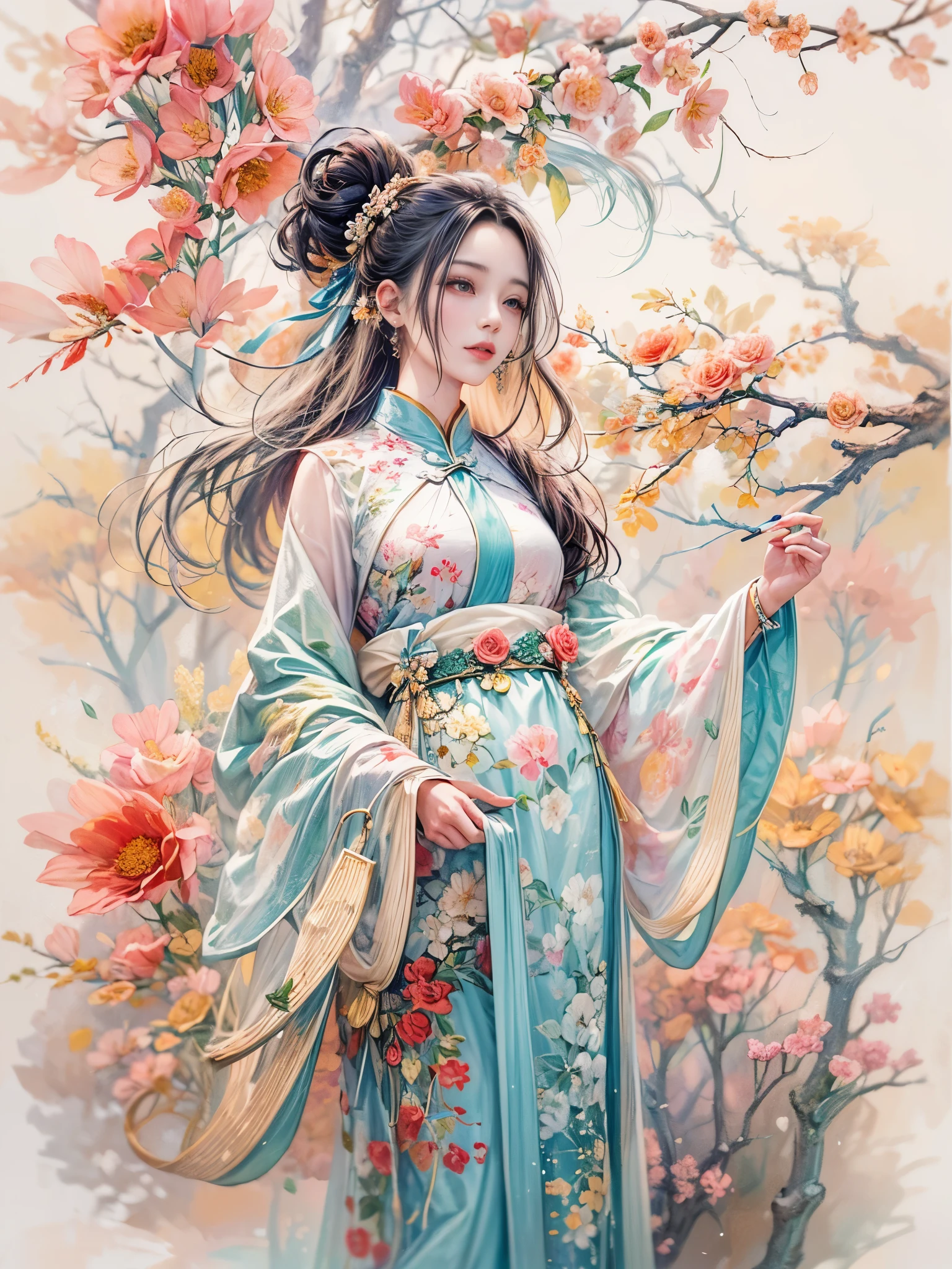 An imaginative and vivid depiction of the female figure，Think of it as your dream lover and life-long partner，Integrating the softness of traditional Chinese women with the role of modern Chinese housewives。This artistic expression highlights her nurturing and caring nature，It also shows her elegance and elegance。She is depicted with delicate features and warmth、seductiveexpression。Her outfit is a stylish fusion of tradition and modernity，reflects the duality of her character。she is depicted in a comfortable、in a modern environment，embodies a loving、The Essence of a Dedicated Companion and Homemaker。The background contains comfortable living space elements，Symbolizes stability and warmth。The overall style combines realism with fantasy，Capturing a dreamy contemporary aesthetic。 (floral watercolor painting:1.5)，(Super high saturation, bright and vivid colors:1.3),