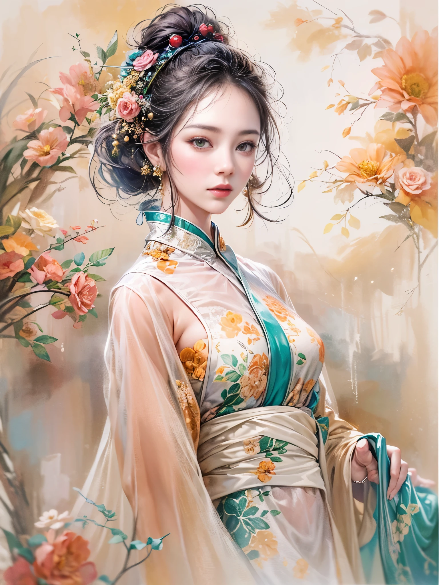 An imaginative and vivid depiction of the female figure，Think of it as your dream lover and life-long partner，Integrating the softness of traditional Chinese women with the role of modern Chinese housewives。This artistic expression highlights her nurturing and caring nature，It also shows her elegance and elegance。She is depicted with delicate features and warmth、seductiveexpression。Her outfit is a stylish fusion of tradition and modernity，reflects the duality of her character。she is depicted in a comfortable、in a modern environment，embodies a loving、The Essence of a Dedicated Companion and Homemaker。The background contains comfortable living space elements，Symbolizes stability and warmth。The overall style combines realism with fantasy，Capturing a dreamy contemporary aesthetic。 (floral watercolor painting:1.5)，(Super high saturation, bright and vivid colors:1.3),