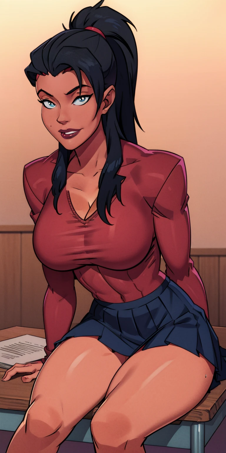 a cartoon picture of Shadowheart in a school uniform sitting on a desk, realistic schoolgirl, hyperrealistic schoolgirl, oppai, seductive anime girl, a hyperrealistic schoolgirl, ecchi, school girl, big breasts!, with a large breasts, breasts covered, teasing smile, sat at her desk, ecchi anime style, in a classroom, black hair