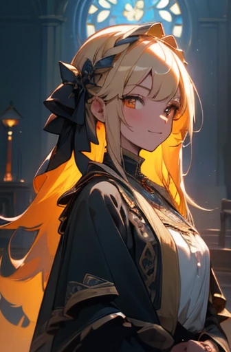 1 girl, smile, beauty, long blonde hair, down hair, orange eyes, gothicclothes, frill, soft-lighting, light place, peaceful, artstation, concept art, matte, sharp focus, illustration, hearthstone, art by artgerm and greg rutkowski and alphonse mucha, clear eyes, Colorful, ultra-high res,4K,ultra-detailed, detailed design, (masterpiece, best quality:1.2), highres