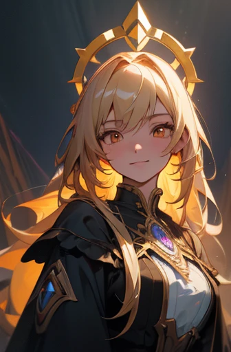 1 girl, smile, beauty, long blonde hair, down hair, orange eyes, gothicclothes, frill, soft-lighting, light place, peaceful, artstation, concept art, matte, sharp focus, illustration, hearthstone, art by artgerm and greg rutkowski and alphonse mucha, clear eyes, Colorful, ultra-high res,4K,ultra-detailed, detailed design, (masterpiece, best quality:1.2), highres