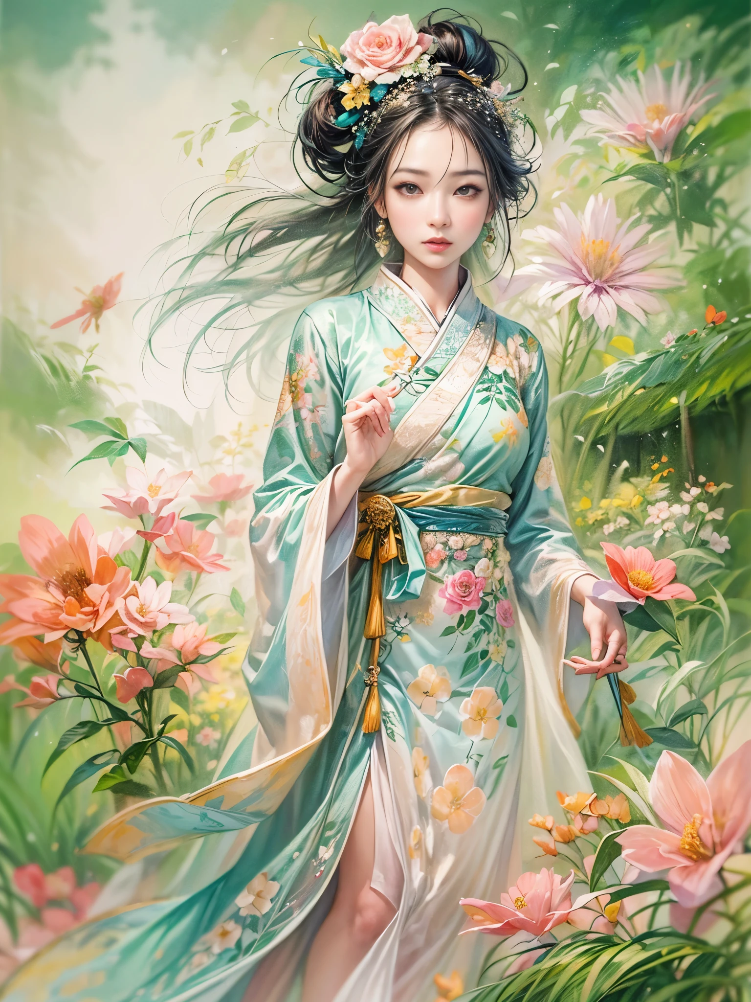 An imaginative and vivid depiction of the female figure,Think of it as your dream lover and life-long partner,Integrating the softness of traditional Chinese women with the role of modern Chinese housewives。This artistic expression highlights her nurturing and caring nature,It also shows her elegance and elegance。She is depicted with delicate features and warmth、seductiveexpression。Her outfit is a stylish fusion of tradition and modernity,reflects the duality of her character。she is depicted in a comfortable、in a modern environment,embodies a loving、The Essence of a Dedicated Companion and Homemaker。The background contains comfortable living space elements,Symbolizes stability and warmth。The overall style combines realism with fantasy,Capturing a dreamy contemporary aesthetic。 (floral watercolor painting:1.5),(Super high saturation, bright and vivid colors:1.3), (Look at the audience head-on:1.5)