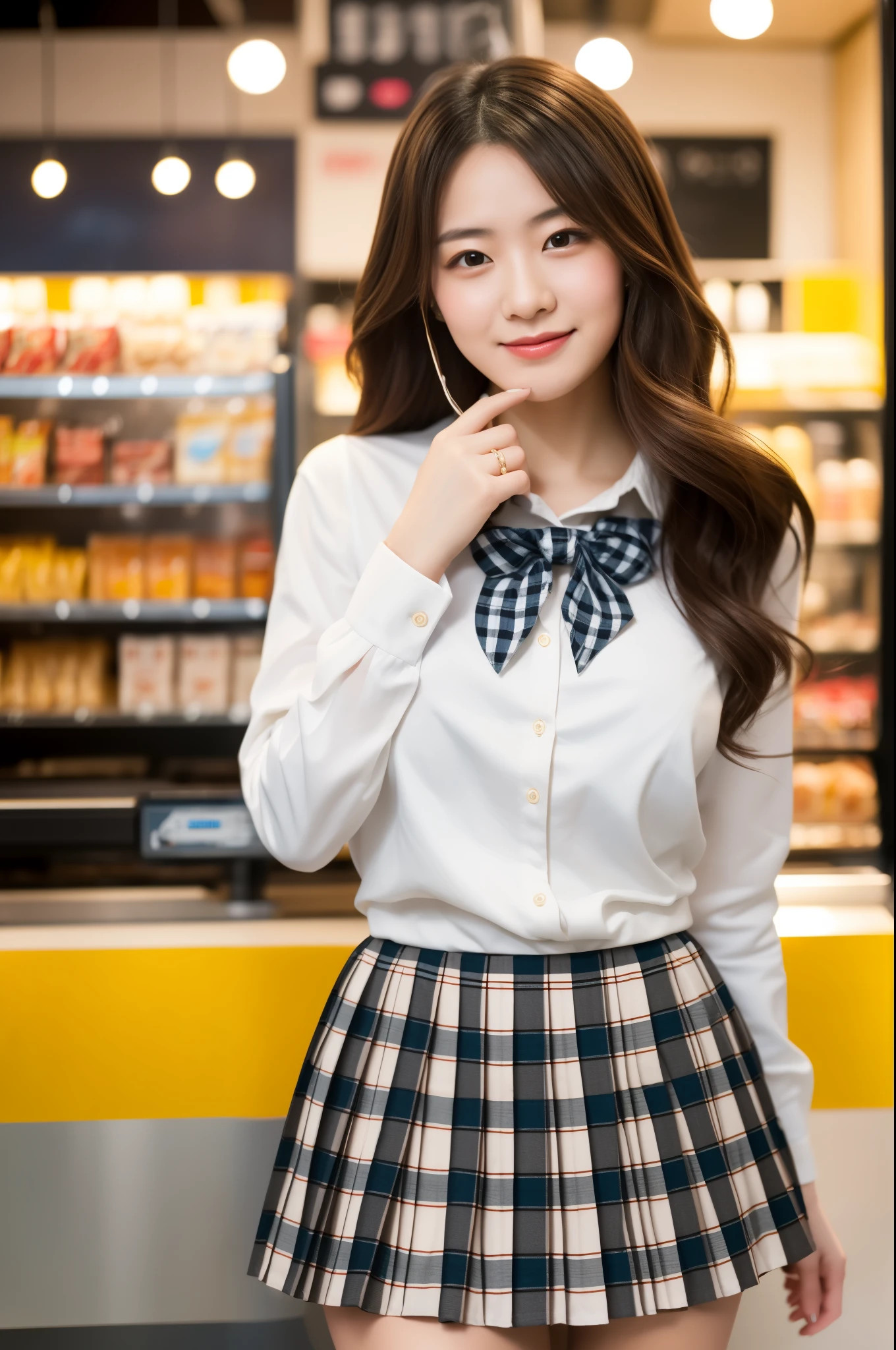 (8K, Best Quality, Masterpiece: 1.2), (Realistic, Photorealistic: 1.37), Super Detailed,(top-quality), (ultra-detailliert),High Resolution,
BREAK
1 girl,  yo, (Cute Japan Beautiful Girl:1.3), Solo, (Nose Redness), (Seductive Smile: 1.15), Beautiful Eyes, (Long Hair: 1.2), Floating Hair Novafrog style, full body, (Beautiful detailed eyes), (large breasts:1.3), (cleavage:0.9), (Japan high school uniform:1.4), (Pleated mini-skirt with checkered pattern:1.4), (like a model style of body), (long leg),(Dynamic Pose: 1.2),moles under the eyes, no make-up,
BREAK
day time,in the fastfood shop, (Professional Lighting, Bokeh), (Light Particle, Lens Flare, Luminous Particle: 0.6),