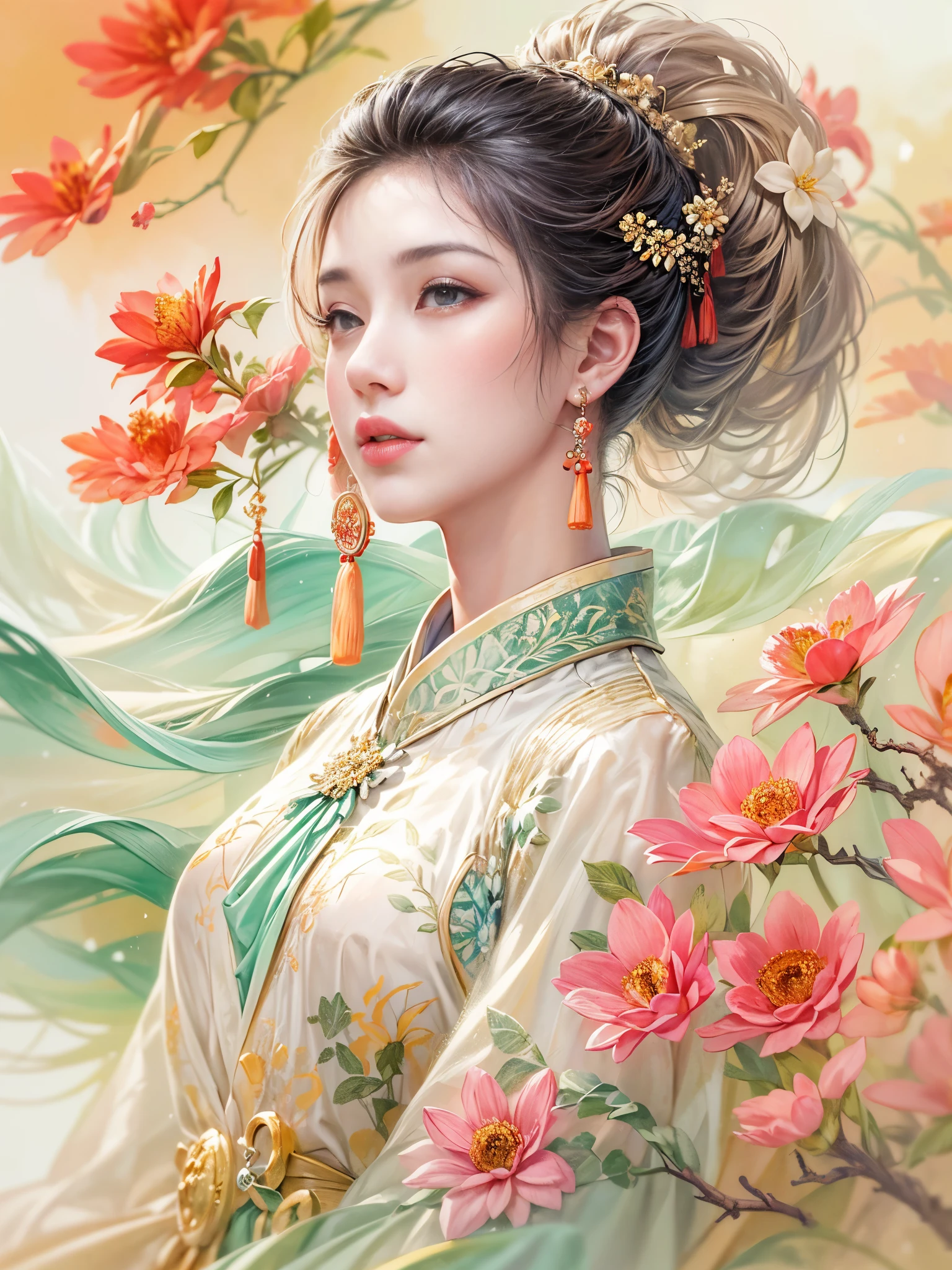 imaginative use of female images、dreamlike depiction，Reflects the soft and beautiful characteristics of traditional Chinese femininity。This artistic creation emphasizes elegance、A fusion of elegance and glamor。Her facial features are delicate，With a gentle expression，Ethereal temperament，Show your dream lover’s ideals。Her outfit is inspired by traditional Chinese clothing，Ethereal elegance，The pattern is complex，with soft colors。The background is a dreamy landscape，subtly hinting at willow、lotus、Yunwu Mountain and other traditional Chinese elements，Creates a tranquility、enchanting atmosphere。The overall style combines realism and fantasy，Capturing the essence of dreamlike ideal beauty, (floral watercolor painting:1.5)，(Super high saturation, bright and vivid colors:1.5), (nsfw)