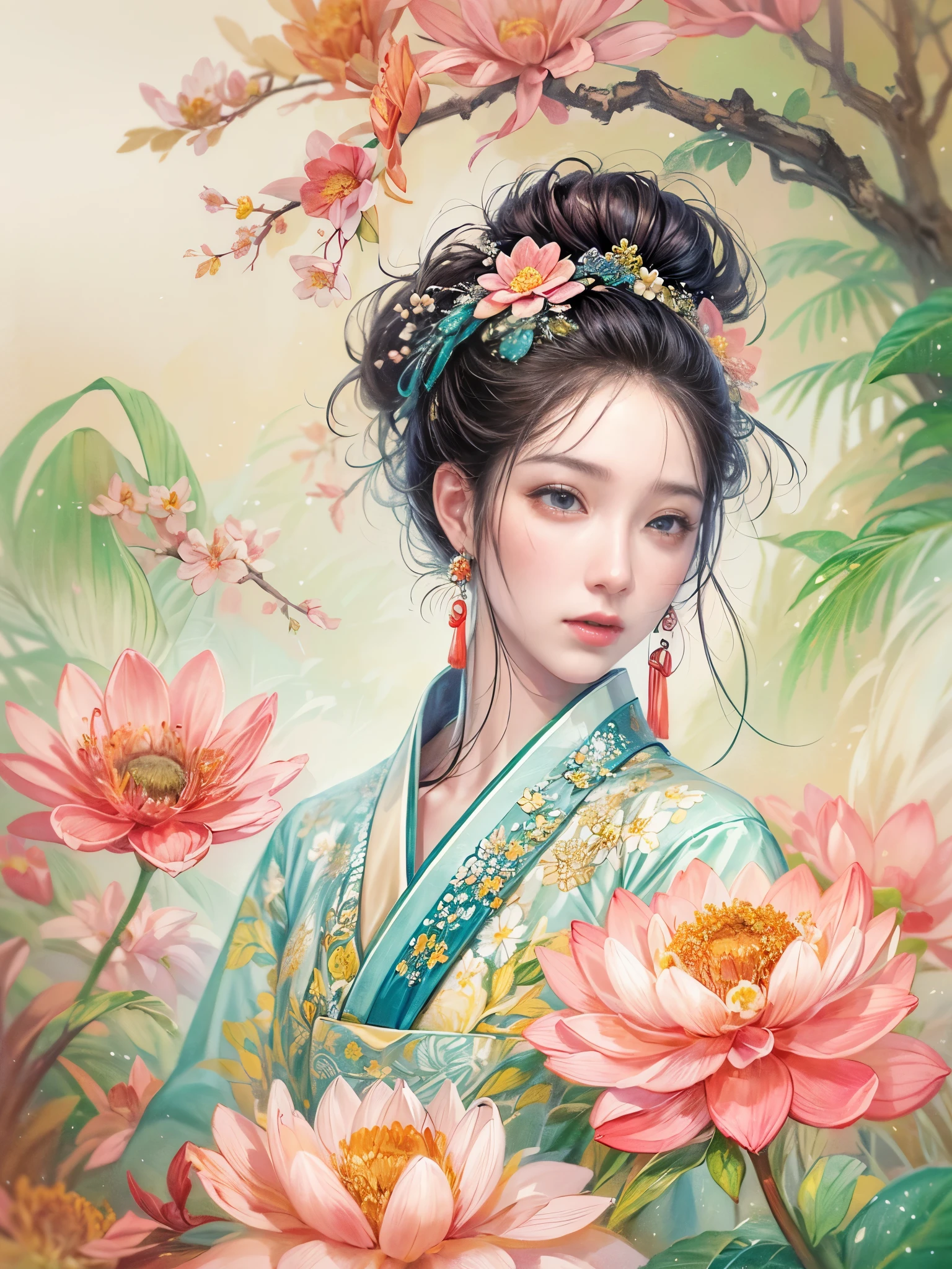 imaginative use of female images、dreamlike depiction，Reflects the soft and beautiful characteristics of traditional Chinese femininity。This artistic creation emphasizes elegance、A fusion of elegance and glamor。Her facial features are delicate，With a gentle expression，Ethereal temperament，Show your dream lover’s ideals。Her outfit is inspired by traditional Chinese clothing，Ethereal elegance，The pattern is complex，with soft colors。The background is a dreamy landscape，subtly hinting at willow、lotus、Yunwu Mountain and other traditional Chinese elements，Creates a tranquility、enchanting atmosphere。The overall style combines realism and fantasy，Capturing the essence of dreamlike ideal beauty, (floral watercolor painting:1.5)，(Super high saturation, bright and vivid colors:1.5), (nsfw)