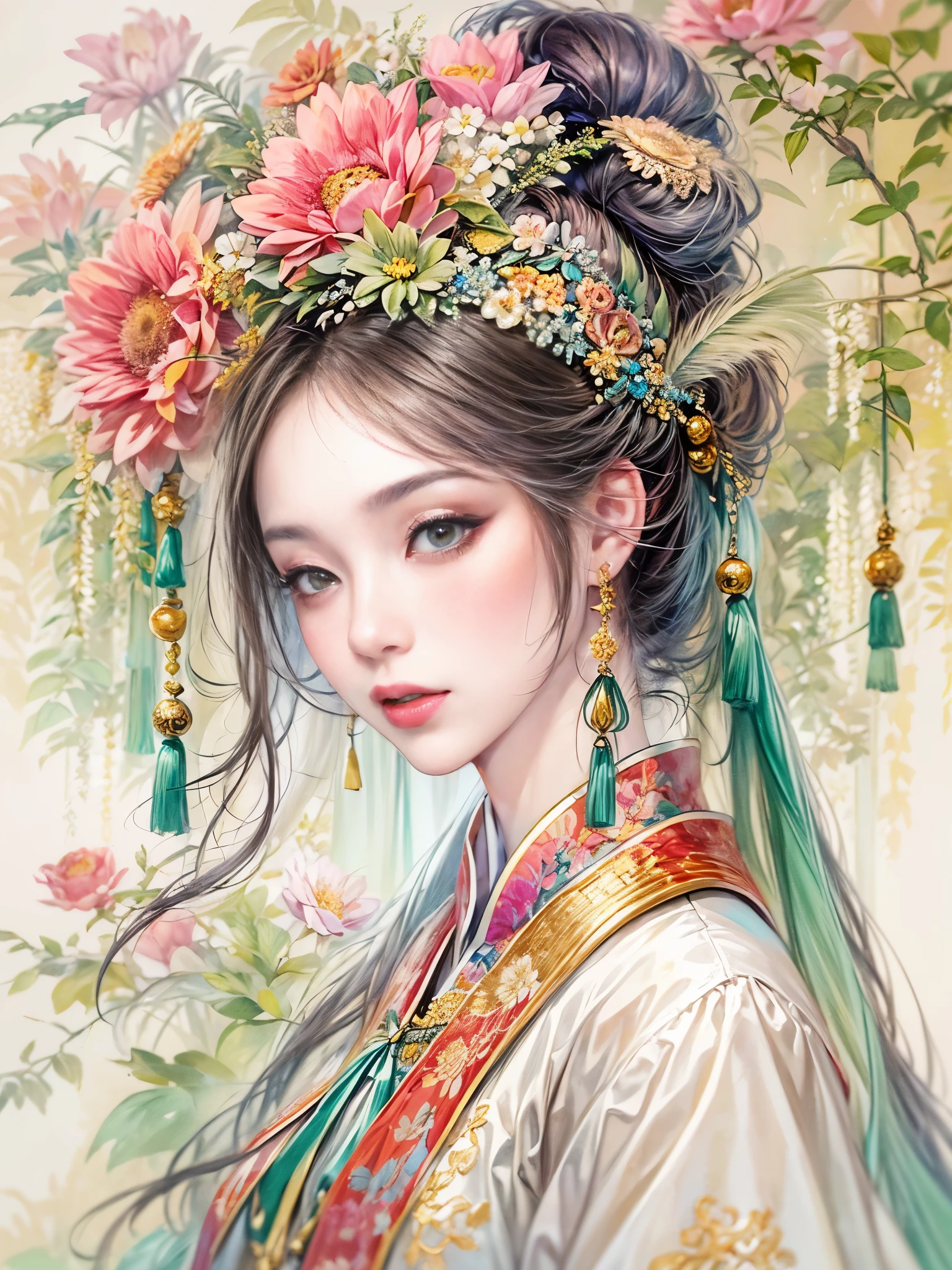 imaginative use of female images、dreamlike depiction,Reflects the soft and beautiful characteristics of traditional Chinese femininity。This artistic creation emphasizes elegance、A fusion of elegance and glamor。Her facial features are delicate,With a gentle expression,Ethereal temperament,Show your dream lover’s ideals。Her outfit is inspired by traditional Chinese clothing,Ethereal elegance,The pattern is complex,with soft colors。The background is a dreamy landscape,subtly hinting at willow、lotus、Yunwu Mountain and other traditional Chinese elements,Creates a tranquility、enchanting atmosphere。The overall style combines realism and fantasy,Capturing the essence of dreamlike ideal beauty, (floral watercolor painting:1.5),(Super high saturation, bright and vivid colors:1.5), (nsfw)
