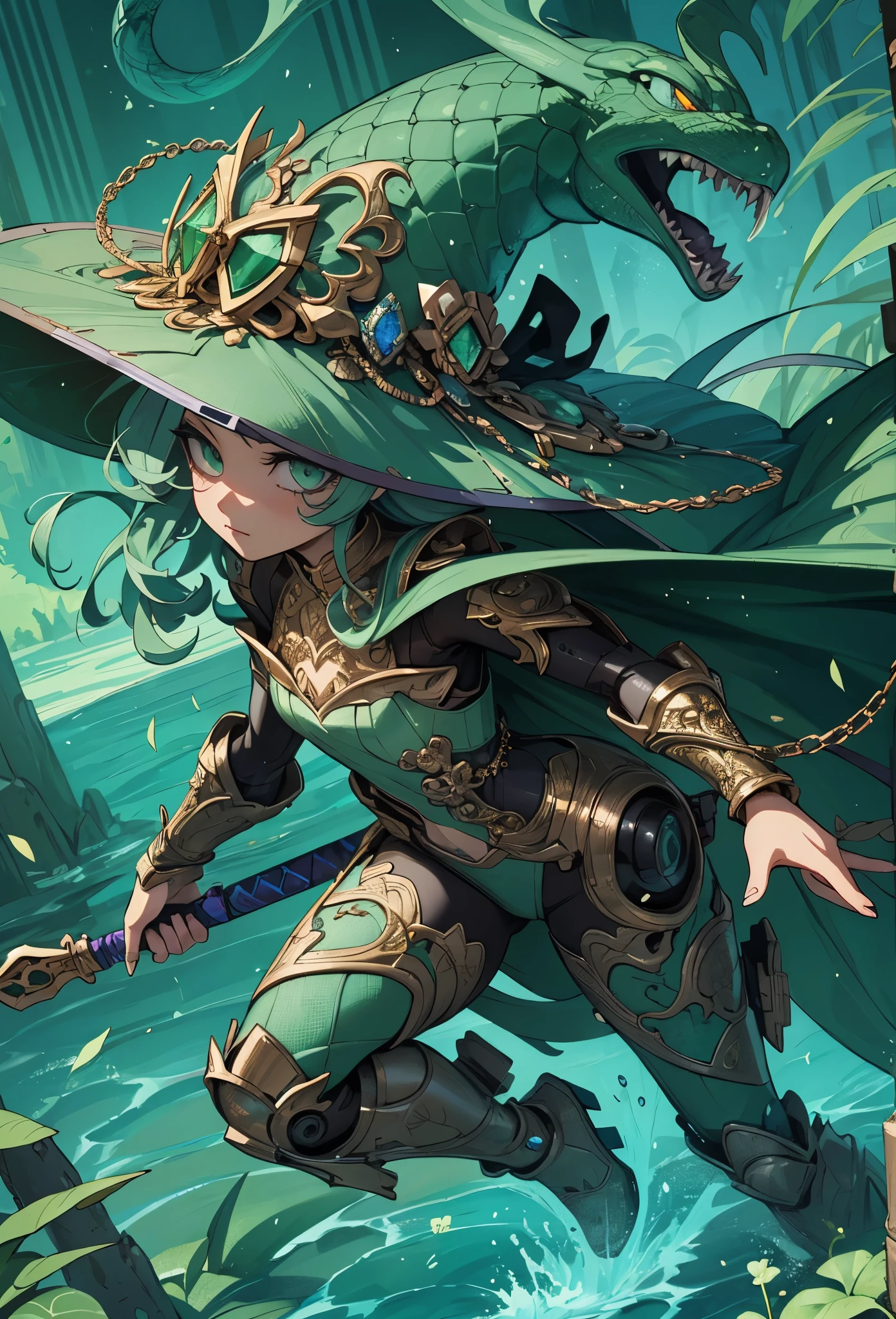 (detailed illustrations,Very detailed and precise drawing,Delicate drawn lines with tempo,Realistic texture expression),[color traced main line],(fantasy world battlefield [burning castle]),(ROBOT GIRL[snake woman[medusa]](Emerald Witch [witch hat [[Iron Mask]METALFACE[clear lenticular iris]]])[WEAPON MACHINE],(scaleで覆われたケープ [green crystal corset [snake chain [scale]]]),[Transparent material covering the body surface[clear green]],(Viper pattern),[Using a magic wand as a weapon],[[Mobile Weapon Gigant Size][science fiction mechanical]],(intricate and beautiful decoration [Dense detail]),[transparency],(Precisely drawn face)[完璧な目のdetailed(Beautifully detailed iris)[eyes like jewels]],[long and beautiful eyelashes],[precisely drawn hair [美しく艷やかな髪のdetailed]],(完璧な手のdetailed [Beautiful fingers with no damage [beautiful nails]]),(perfect anatomy(perfectly balanced proportions))[[full body portrait]],[ideal color coordination(Accurate simulation of light and material interactions)],([Precision Detail](detailed,High definition)),[Visual art that tells a story].