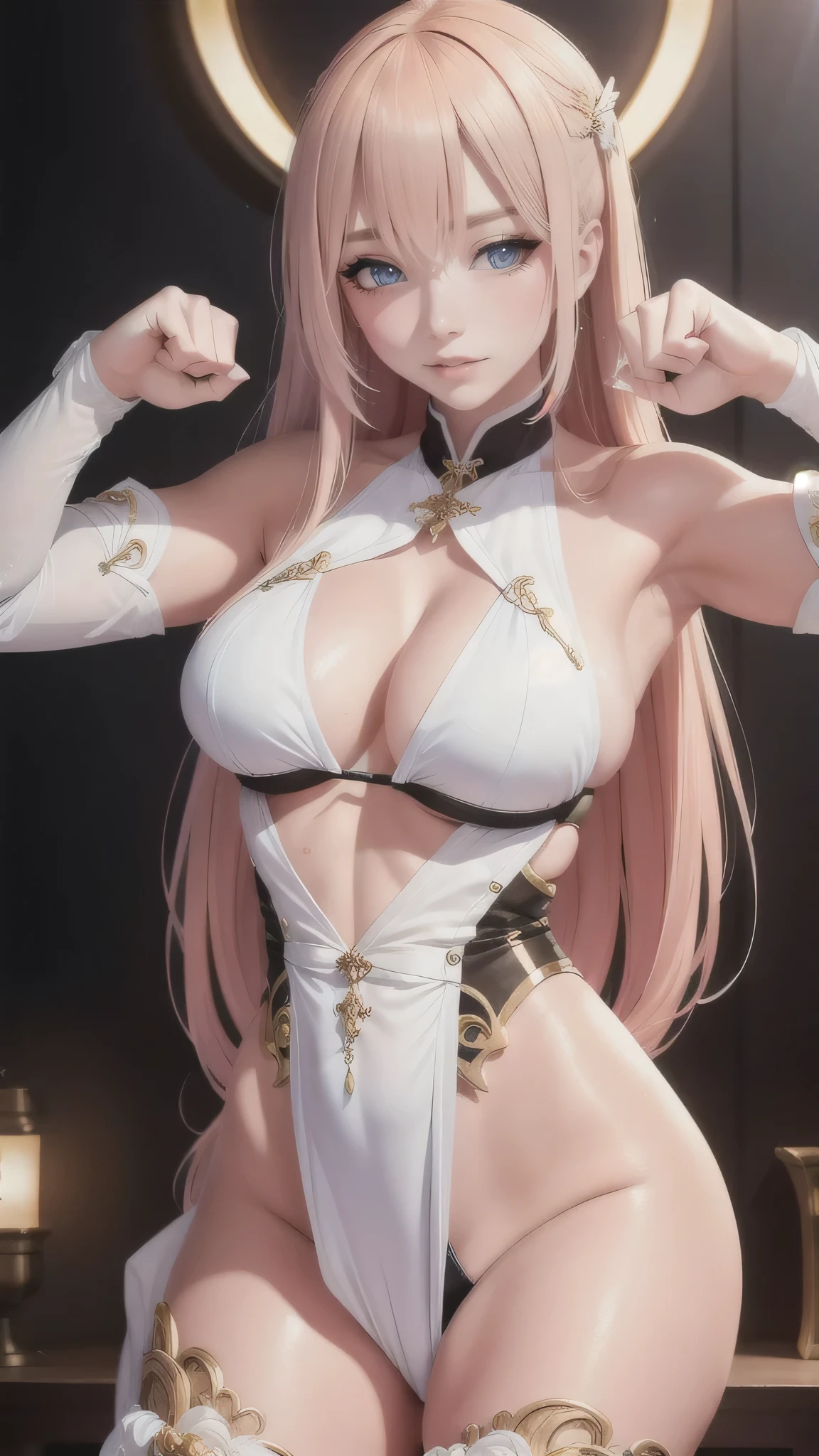 (Random Fighting Pose:1.5),extreme close up,movie-like scene,fantasy art,best image quality,hyperrealistic portrait,(8K),surreal,最high quality,high quality,High resolution,fine texture,high detail,beautiful details,Detailed,Highly detailed CG,Detailedテクスチャー,realistic facial expression,masterpiece,before,dynamic,bold,1 girl,super dense skin,curve,small,beautiful breasts,big breasts,white skin,pointed chest,erect nipples,(super thin hair),(super soft hair),(ultra straight hair),long flowing bangs,very light coppery amber hair,hair above one eye,Japanese clothes with armor