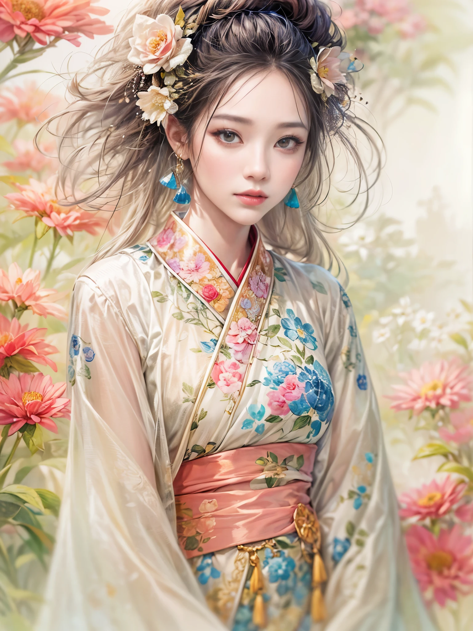 Rainbow Colors" theme,(1 girl,Representative work Peach Blossom,Masterpiece snow), (illustration:1.2,paper art:1.2, zentangle:1.5, geomerty:1.2,a 3D render),(Best quality, Detailed details, Masterpiece, offcial art, movie light effect, 4K, Chiaroscuro