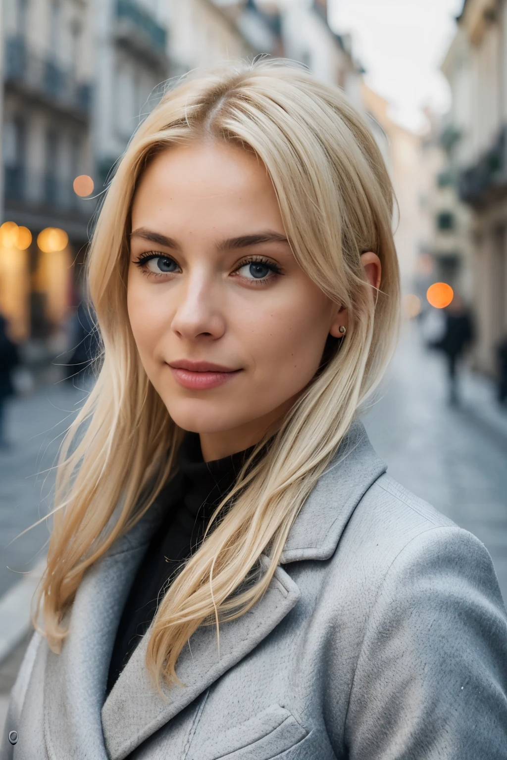 une blonde avec des cheveux chignons, Contexte de la ville de Lisbonne, hiver, professionnel, 4k, HD, UHD, 8K, high details, Ultra Definition