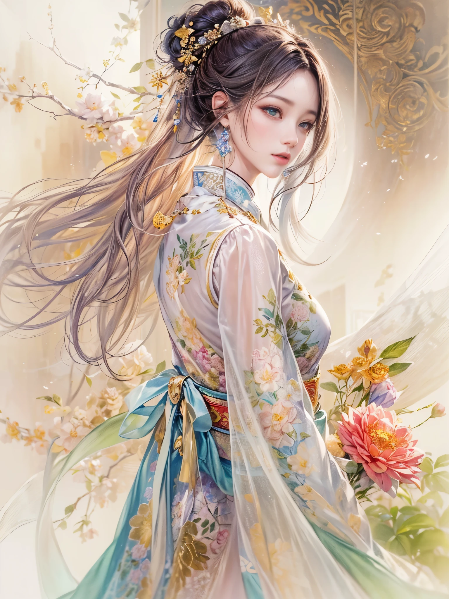 imaginative use of female images、dreamlike depiction,Reflects the soft and beautiful characteristics of traditional Chinese femininity。This artistic creation emphasizes elegance、A fusion of elegance and glamor。Her facial features are delicate,With a gentle expression,Ethereal temperament,Show your dream lover’s ideals。Her outfit is inspired by traditional Chinese clothing,Ethereal elegance,The pattern is complex,with soft colors。The background is a dreamy landscape,subtly hinting at willow、lotus、Yunwu Mountain and other traditional Chinese elements,Creates a tranquility、enchanting atmosphere。The overall style combines realism and fantasy,Capturing the essence of dreamlike ideal beauty, (floral watercolor painting:1.5),(Super high saturation, bright and vivid colors:1.5), (nsfw), (Look at the audience head-on:1.5)