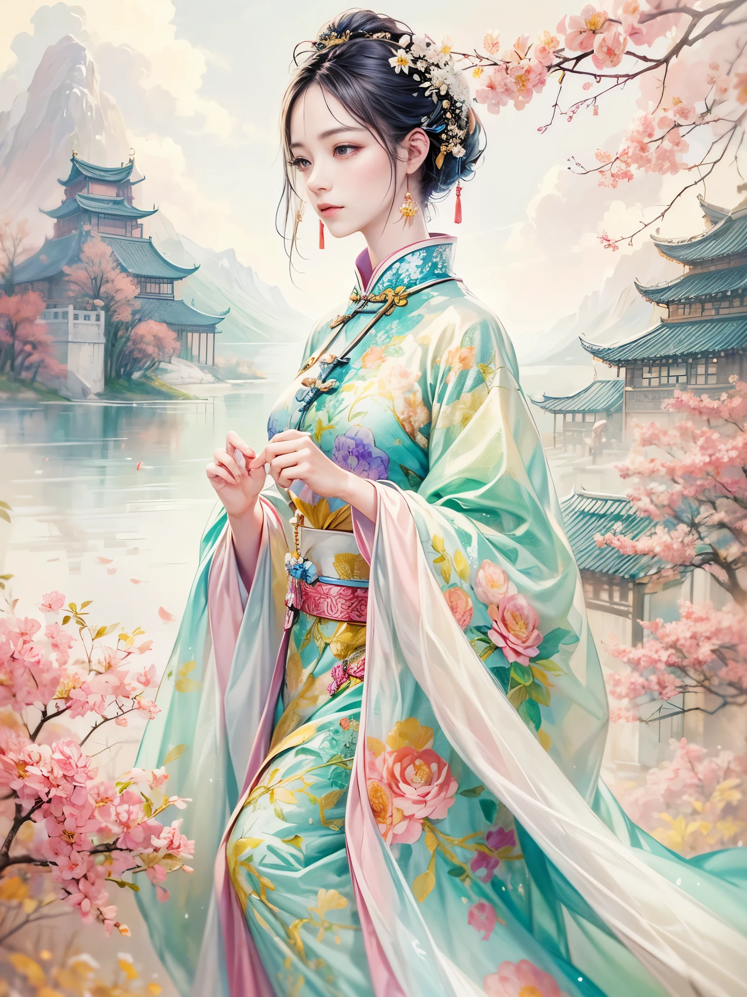 imaginative use of female images、dreamlike depiction，Reflects the soft and beautiful characteristics of traditional Chinese femininity。This artistic creation emphasizes elegance、A fusion of elegance and glamor。Her facial features are delicate，With a gentle expression，Ethereal temperament，Show your dream lover’s ideals。Her outfit is inspired by traditional Chinese clothing，Ethereal elegance，The pattern is complex，with soft colors。The background is a dreamy landscape，subtly hinting at willow、lotus、Yunwu Mountain and other traditional Chinese elements，Creates a tranquility、enchanting atmosphere。The overall style combines realism and fantasy，Capturing the essence of dreamlike ideal beauty, (floral watercolor painting:1.5)，(Super high saturation, bright and vivid colors:1.5), (nsfw), (Look at the audience head-on:1.5)