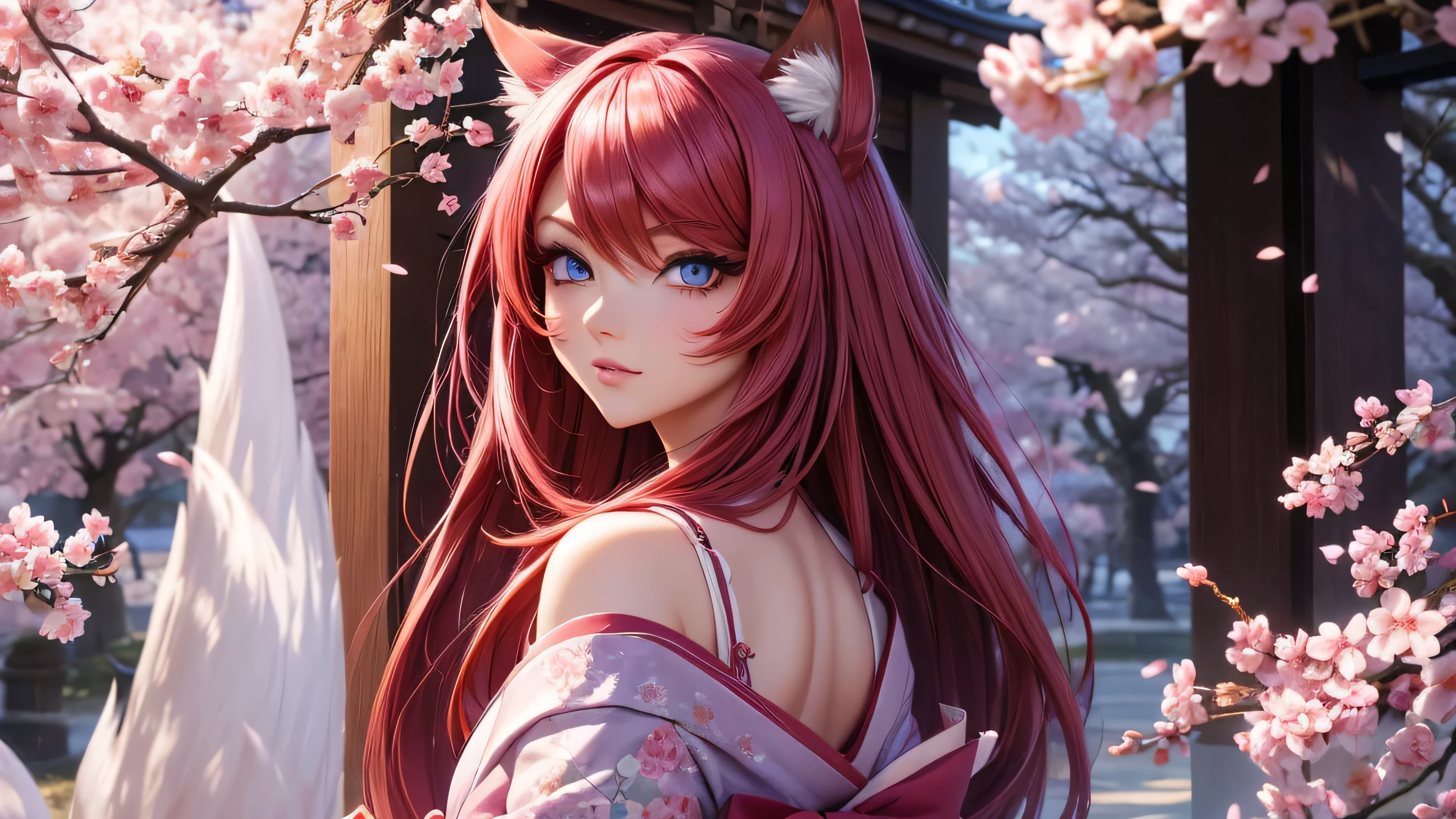 Leauge of legends, ahri, fox eye, fox blue eyes, pretty face, standing in japan, sakura tree, cherry tree, purple kimono, big eye lashes, big eyes, korean face, long pink nails, pink blush, red hair, dark red hair
