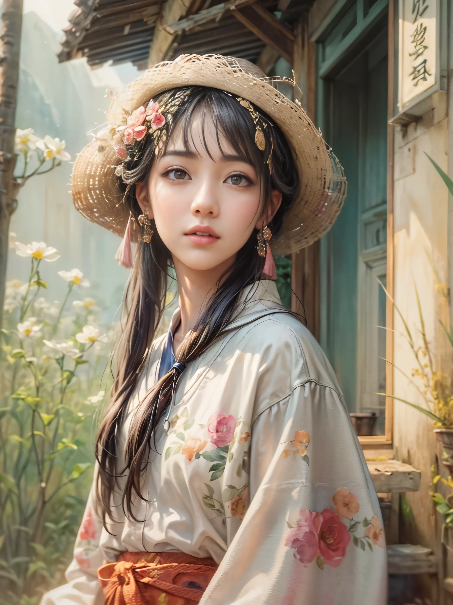 1girl in, high detailing, renaissance, romanticism, American Propaganda Posters, Expressionism, Genre painting, Impressionism, nffsw, Anatomically correct, Textured skin, high details, awardwinning, Best Quality, hight resolution, 8K、beautiful countenance、A detailed face、country girl、20yr old、Beautie、The most beautiful women in the village、farming、(FULL BODYSHOT)、perfectly proportions、Curvaceous、Healthy beauty、Skip、a little bit smile、Happiness、Grape picking、Vineyards、Soft light、
