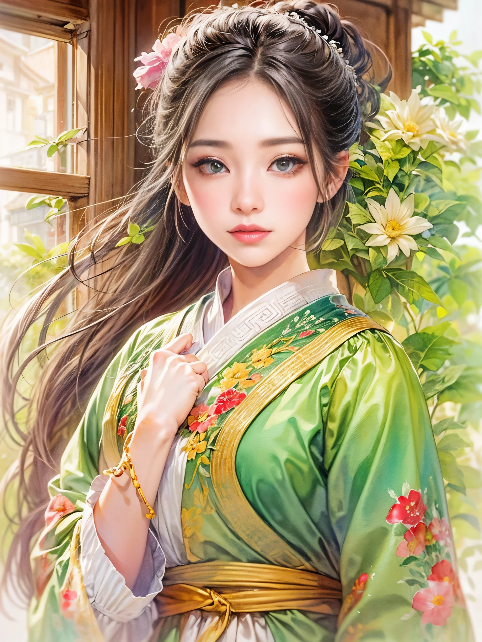 Imaginative thoughts on your dream girlfriend、Warm depiction,Envisioned as a dream lover and lifelong partner。She embodies the simplicity of Chinese rural girls、Industrious,Integrated with wisdom、Beautiful and hard-working character。This artistic depiction shows her in a rural setting,Exuding sweetness、Romantic atmosphere。She wears simple traditional rural clothes,Reflecting her humble origins and down-to-earth character。Her facial features are gentle and beautiful,The expression is kind、Tempting。The background is a picturesque rural landscape,Rolling hills、Fields and traditional country houses,Adds a sweet rustic romantic charm。The overall style blends realism and idealized rural beauty,embodies the dreamlike、The Essence of a Cute Country Girl, (floral watercolor painting:1.5),(Super high saturation, bright and vivid colors:1.5), (nsfw), (Look at the audience head-on:1.5)