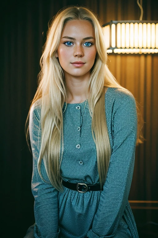 A photo realistic portrait of a 25-year-old Norwegian girl with long, flowing blonde hair and striking blue eyes Wearing a dress. She should have a natural, approachable expression and be illuminated by soft club lights. The background should be at a club. Capture this image with a high-resolution photograph using Kodak gold 400 for a flattering perspective.