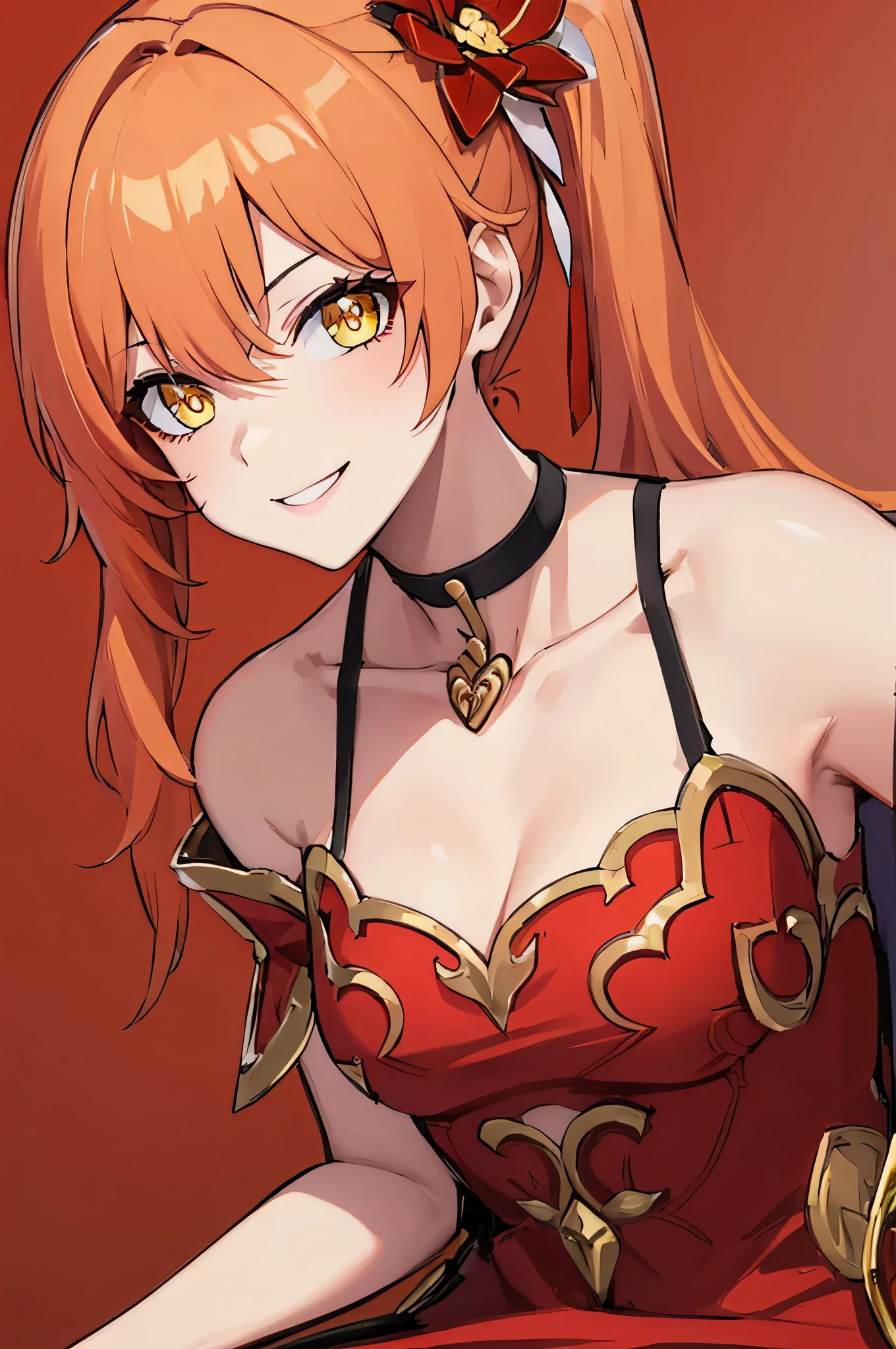 Masterpiece, Best quality, 1girl, solo, Guinaifen, red dress, long hair, (side ponytail:1.1), orange hair, bare shoulders, hair ornament, hair flower, yellow eyes, (holding a red Chili pepper:1), small breasts, looking at viewer, smile, dress, choker, collarbone, (red background:1.5), gold and red color palette, smiling, (dynamic angle)