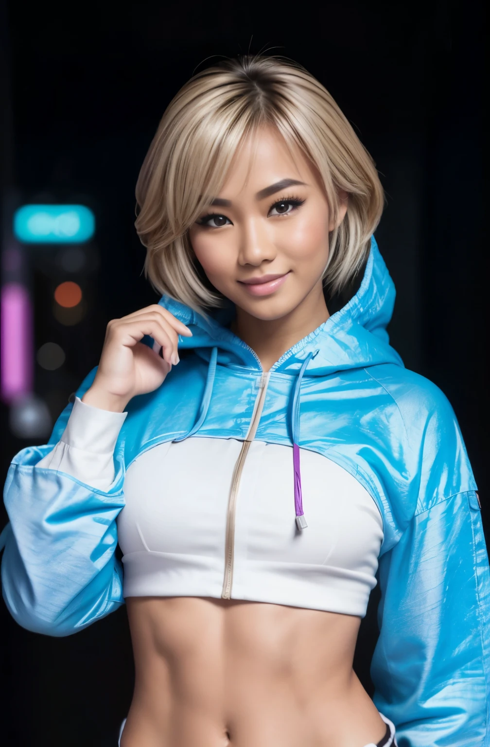 Young Thai woman, fit physique, fitness physique, wearing sexy black lingerie sitting on the couch with legs open, corps sexy, (8K), (best quality), (chef-d&#39;artwork:1.3), (Realistic), (photorealistic:1.34), Ultra-detailed, [Beautiful detailed eyes], (sourire), (sourire), (beautiful nose detailed), [very long blonde hair], (haut court), lingerie noire, (superbes seins taille normale), (Gros plan), Profondeur de champ, full body view, sitting on sofa, legs spread, montrant l&#39;entrejambe, pieds en l'air