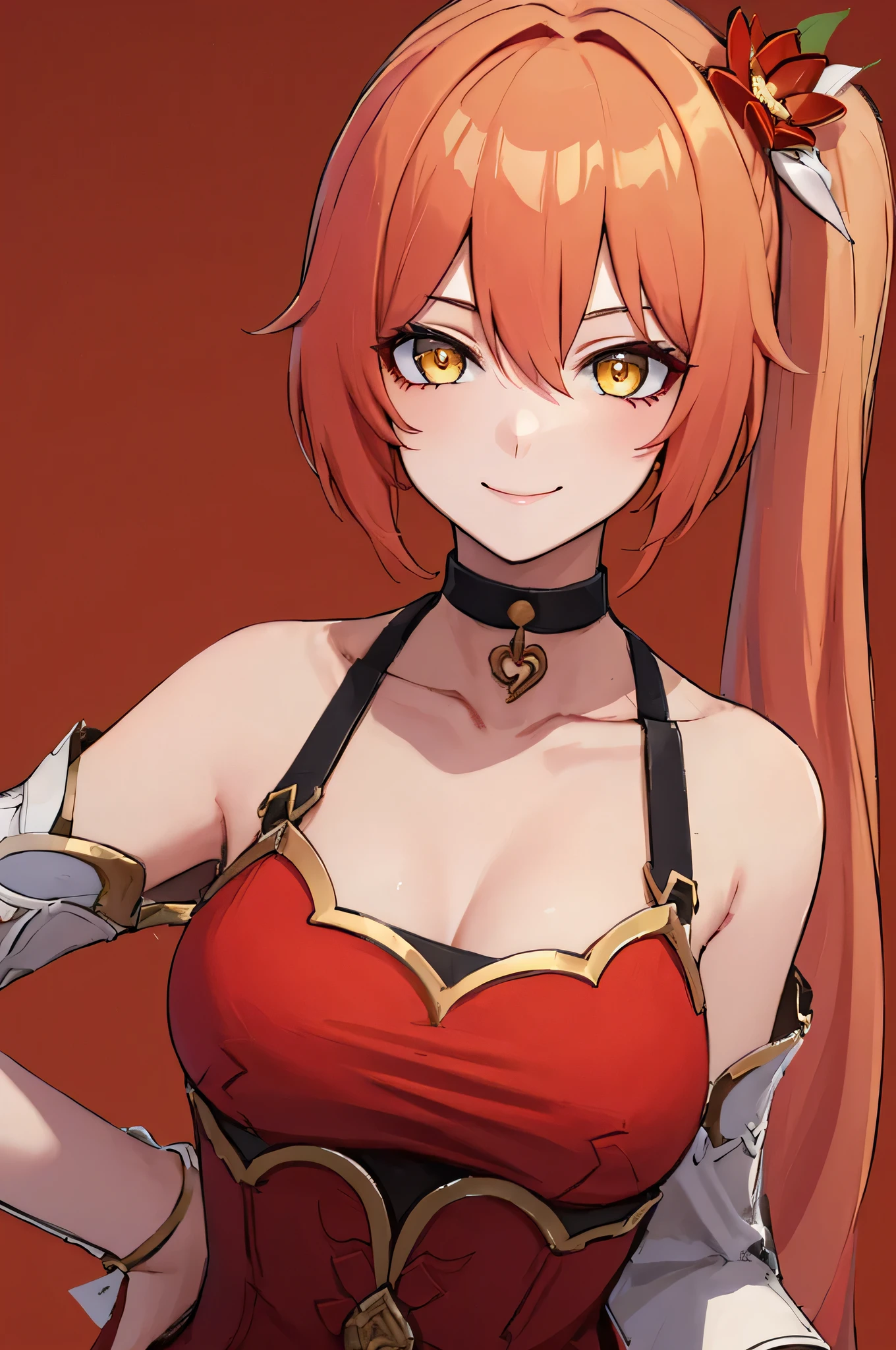 Masterpiece, Best quality, 1girl, solo, Guinaifen, red dress, long hair, (side ponytail:1.1), orange hair, bare shoulders, hair ornament, hair flower, yellow eyes, (holding a red Chili pepper:1), small breasts, looking at viewer, smile, dress, choker, collarbone, (red background:1.5), gold and red color palette, smiling, (dynamic angle)