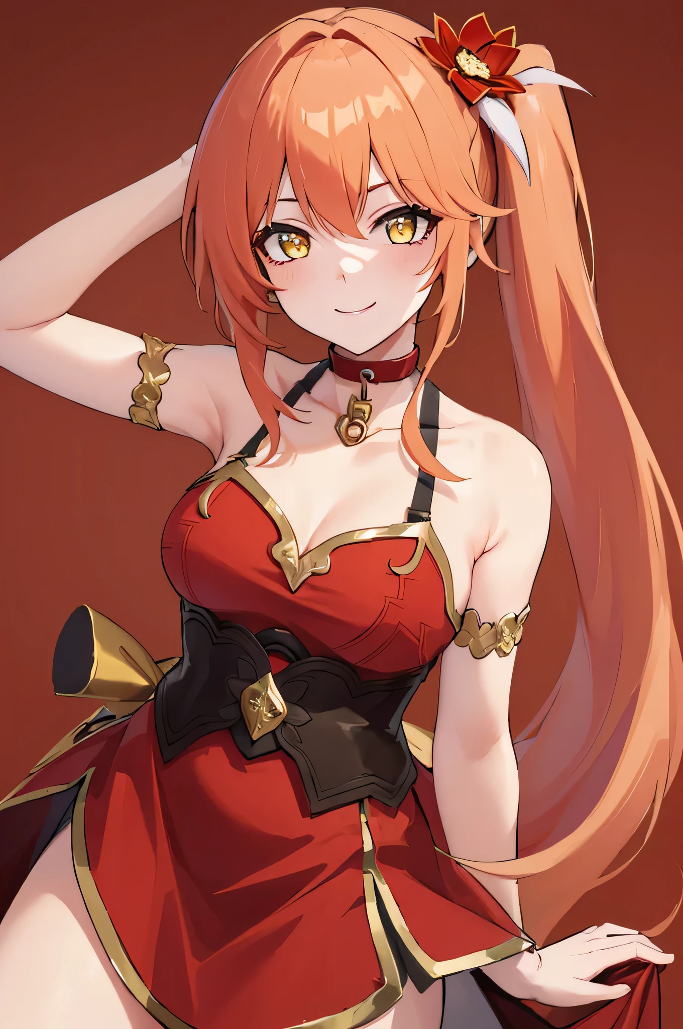 Masterpiece, Best quality, 1girl, solo, Guinaifen, red dress, long hair, (side ponytail:1.1), orange hair, bare shoulders, hair ornament, hair flower, yellow eyes, (holding a red Chili pepper:1), small breasts, looking at viewer, smile, dress, choker, collarbone, (red background:1.5), gold and red color palette, smiling, (dynamic angle)