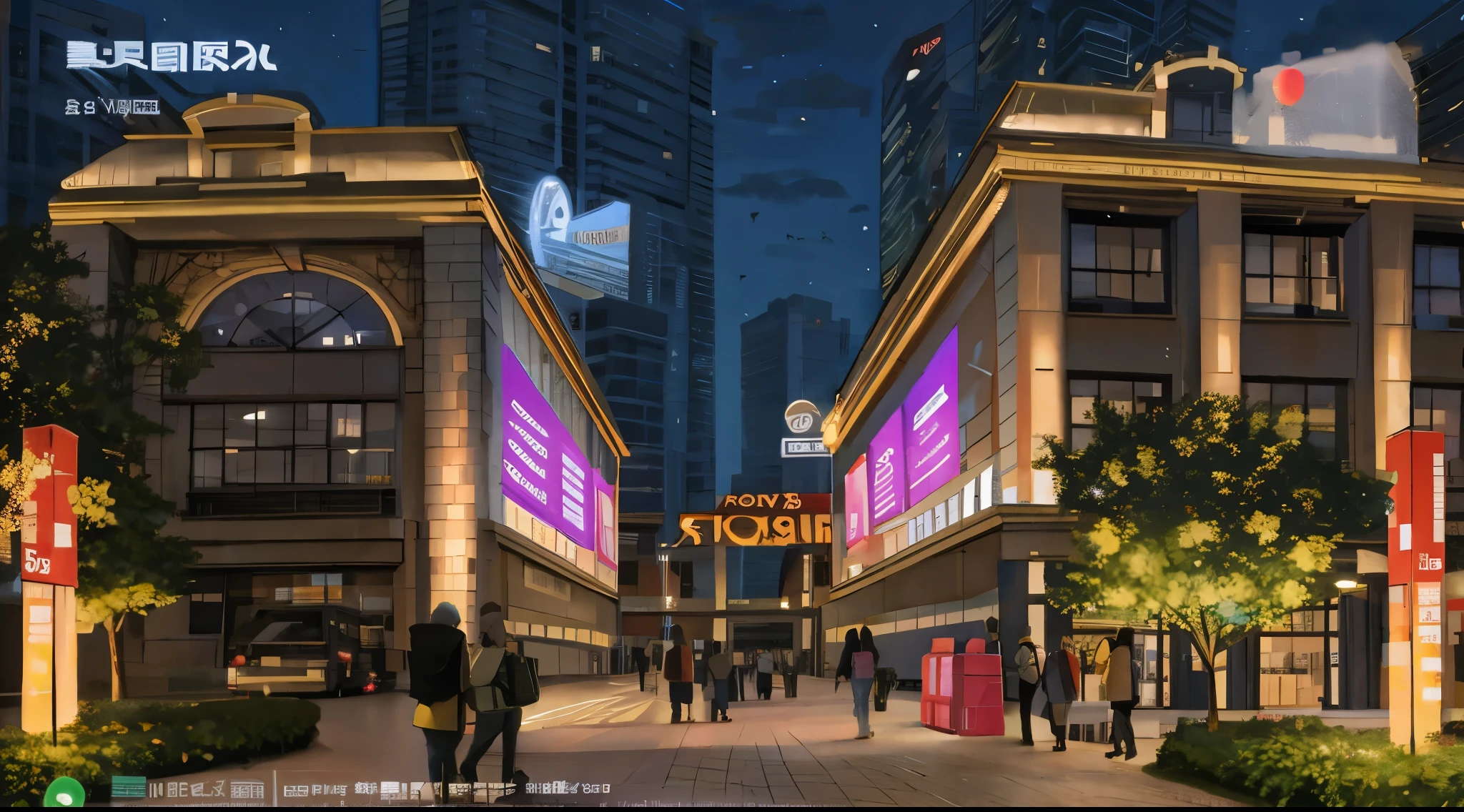 night,People are walking on the streets of the city. Planes are flying in the sky. The buildings on both sides become futuristic.