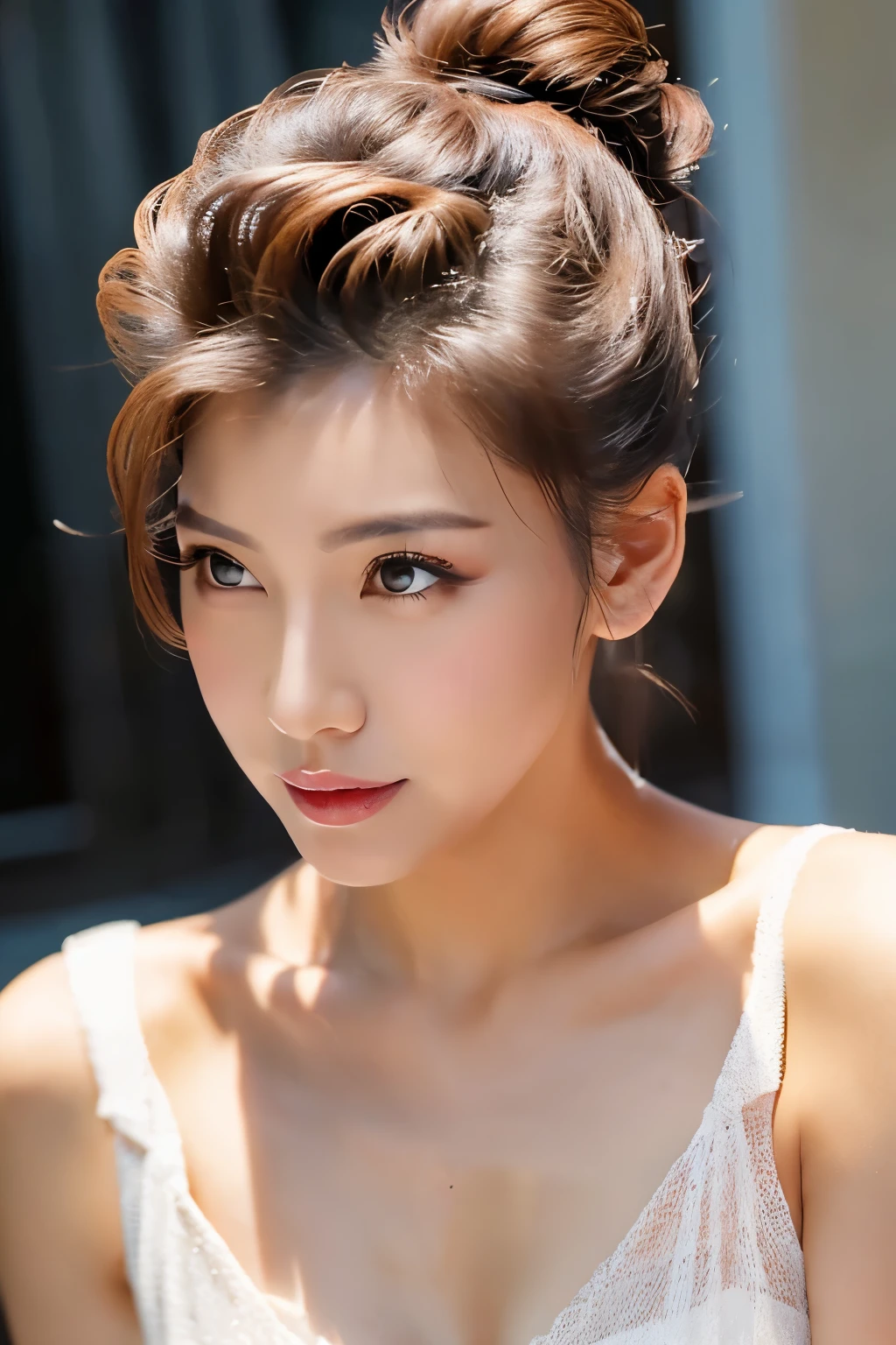 A woman with her hair swept up, lips looking sexy.
