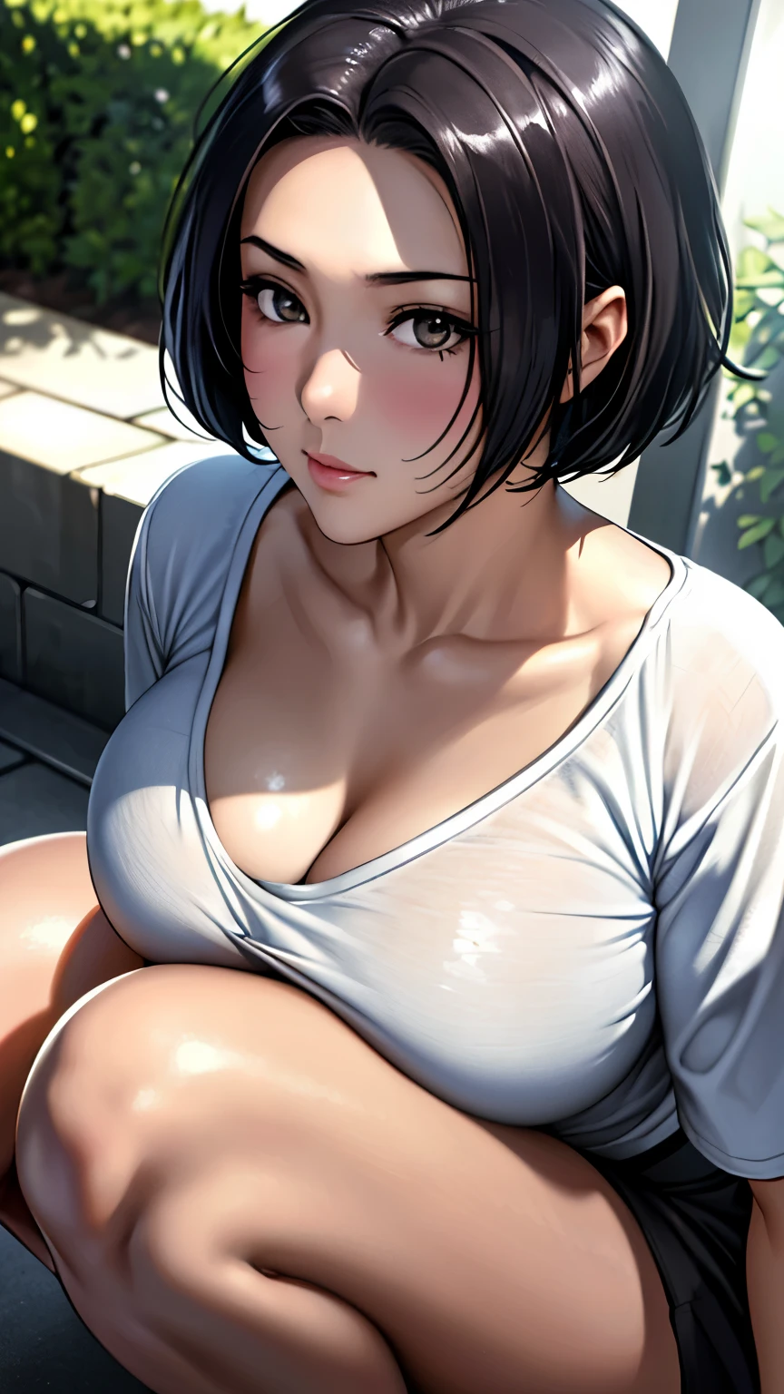 (Best quality, 8k, 32k, Masterpiece, UHD:1.2),Photo of Pretty Japanese woman,black short hair,beauty face,(leaning forward:1.3),squatting,(from above:1.2),(close up:1.4),pov,loose t-shirt,large breasts,(beautiful nipple slip:0.9),outdoors,windy,shiny skin,blurry background,