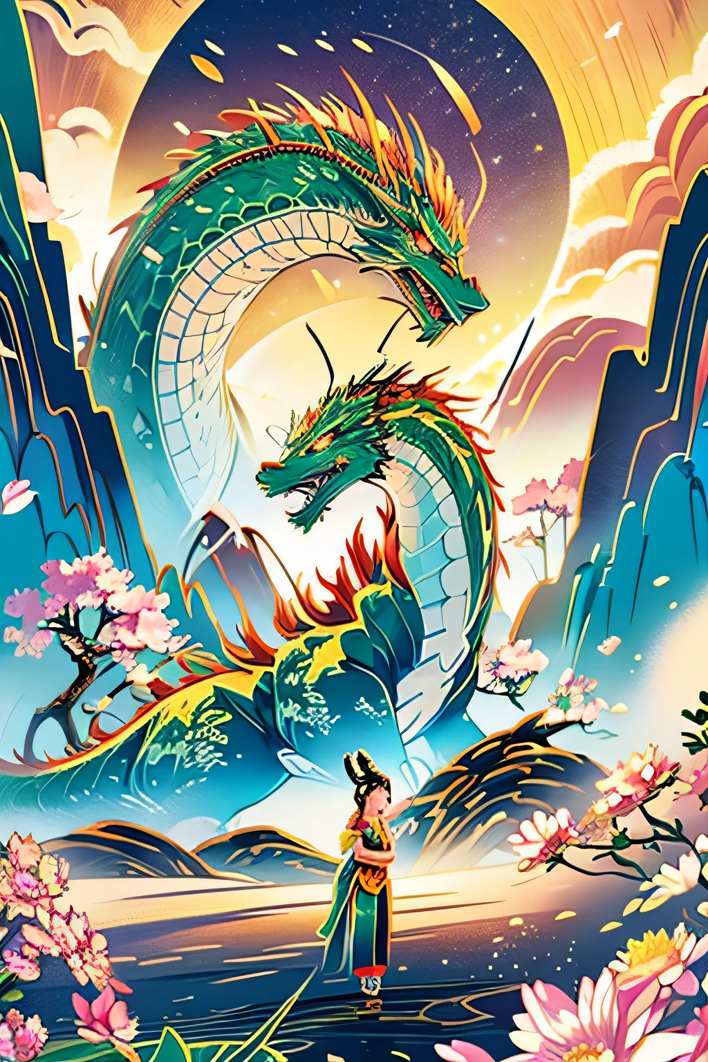 long shot,A Chinese girl stands in front of the rainbow dragon,16 years old,flowers surround her,Grand scene minimalism, Chinese dragon, c4d rendering, Surrealism,
masterpiece, movie lighting, ultra high definition, fine details, color grade, 32K HD——ar 3:4--v6.0