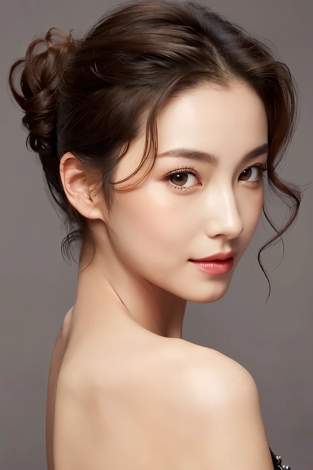 A woman with her hair swept up, lips looking sexy.
